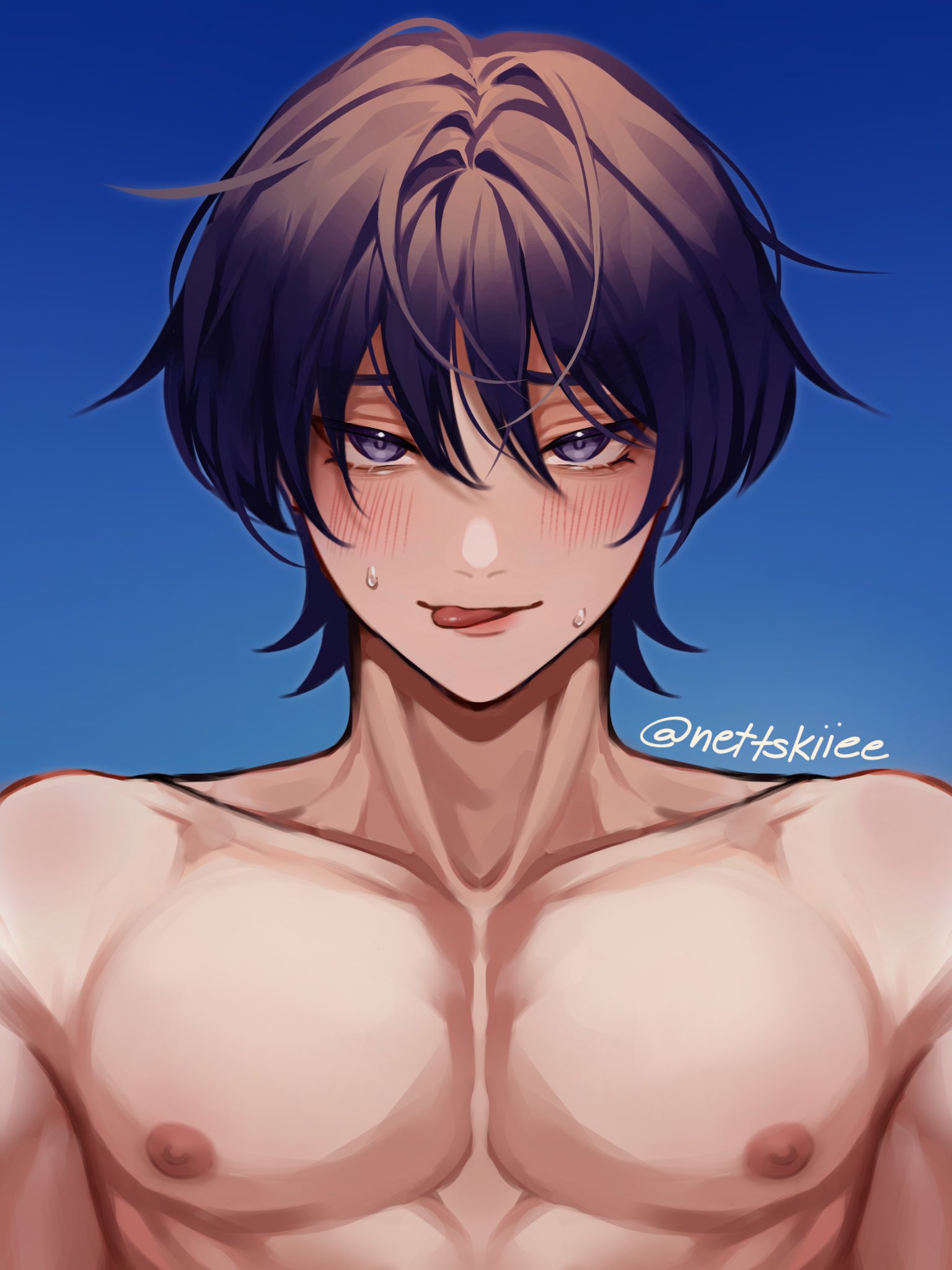 1boy abs blue_eyes blue_hair blush genshin_impact hi_res highres licking_lips looking_at_viewer looking_pleasured mischievous_smile naked naked_male nettskiiee nipples pleasure_face scaramouche_(genshin_impact) seductive seductive_eyes seductive_look smile smirk solo solo_focus solo_male sweat tongue_out wanderer