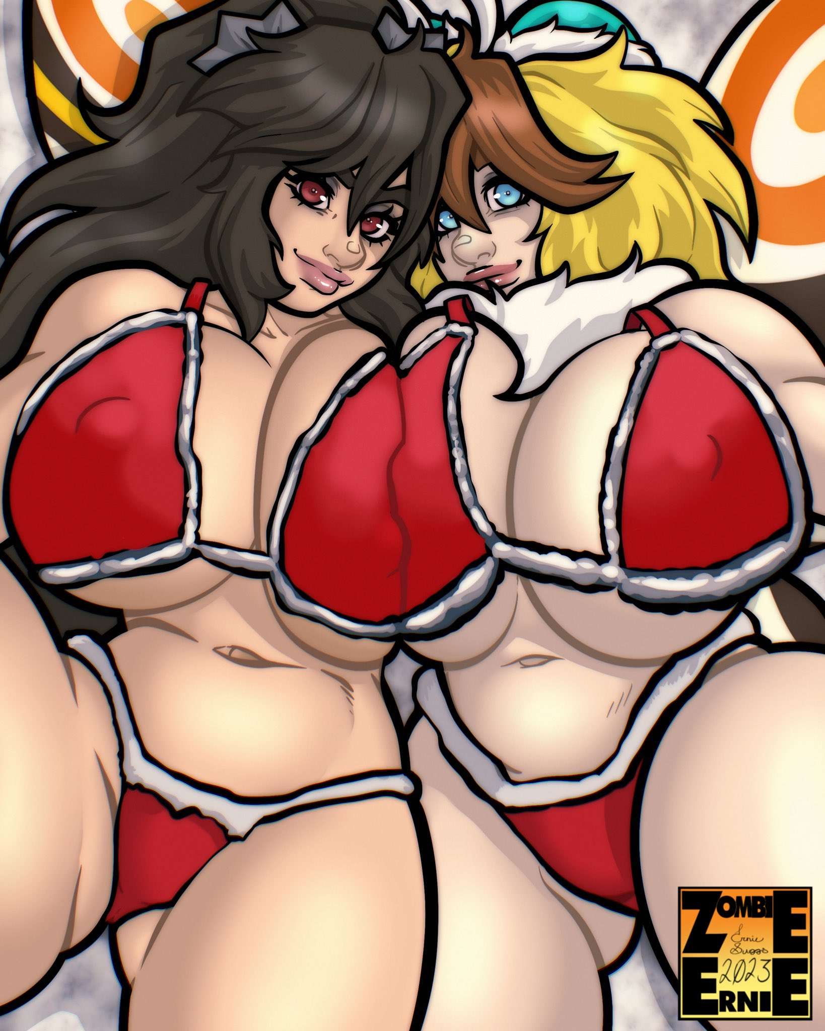 2023 alternate_version_available bikini blue_eyes christmas christmas_bikini cute godzilla godzilla_(series) huge_breasts kaiju_girls_(webcomic) light-skinned_female long_hair mothra pale-skinned_female pale_skin red_eyes rule_63 tagme watermark zombieernie