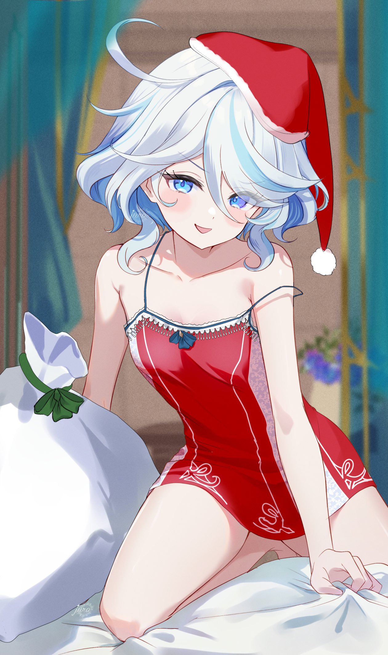 1girls, blue eyes, breasts, christmas, christmas outfit, clothing, dress, female, female only, fully clothed, furina (genshin impact), genshin impact, looking at viewer, santa hat, small breasts, smile, thighs
