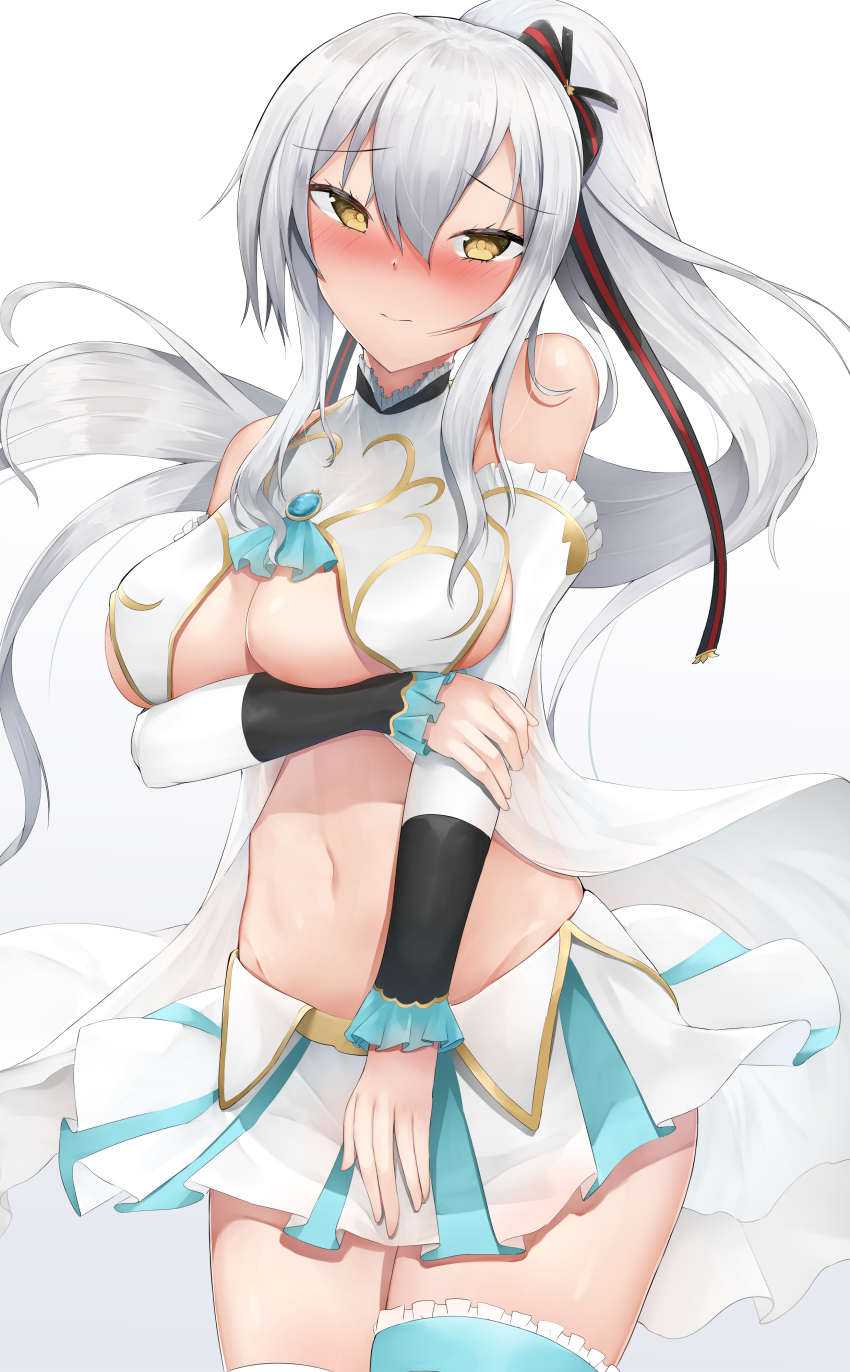 absurdres arm_under_breasts azur_lane blue_skirt blue_thighhighs blush breast_curtains breasts centaur_(azur_lane) commission cowboy_shot detached_sleeves drake_(azur_lane) female gold_trim grey_hair high_ponytail highres large_breasts long_hair looking_at_viewer midriff miniskirt navel nori_aji pixiv_commission pleated_skirt simple_background skirt solo thighhighs two-tone_skirt underboob very_long_hair white_skirt yellow_eyes zettai_ryouiki