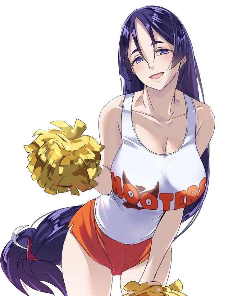 breasts, cheerleader, fate (series), female, fully clothed, hooters, hooters uniform, huge breasts, large breasts, leaning forward, mature female, milf, minamoto no raikou (fate/grand order), older female, pom poms, purple eyes, purple hair, shorts, tall female