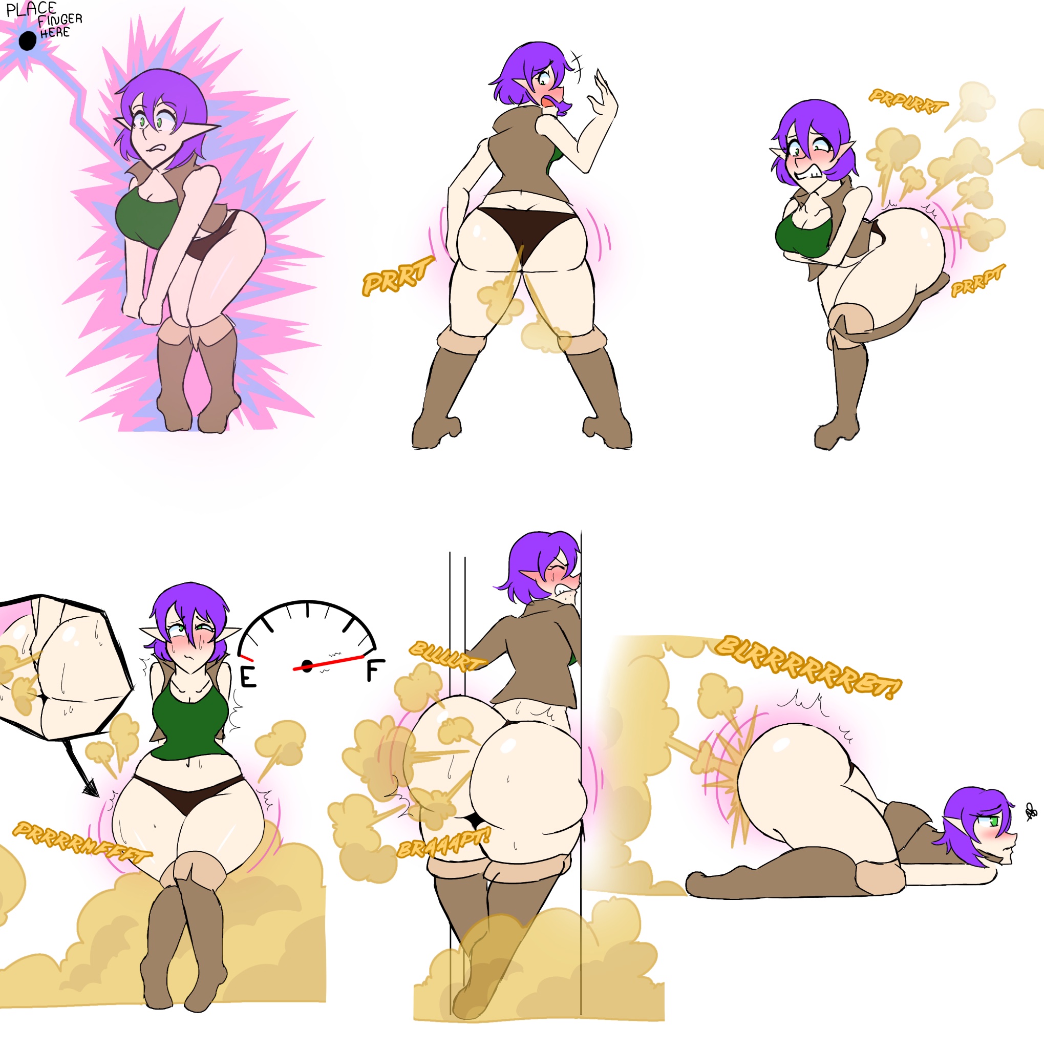 against wall, ass expansion, big ass, elf, elf ears, elf female, elf girl, eliza (mrtomato8224), expansion, expansion sequence, fart, fart cloud, fart fetish, farting, female, green eyes, huge ass, mrtomato8224, panties, pantsless, purple hair