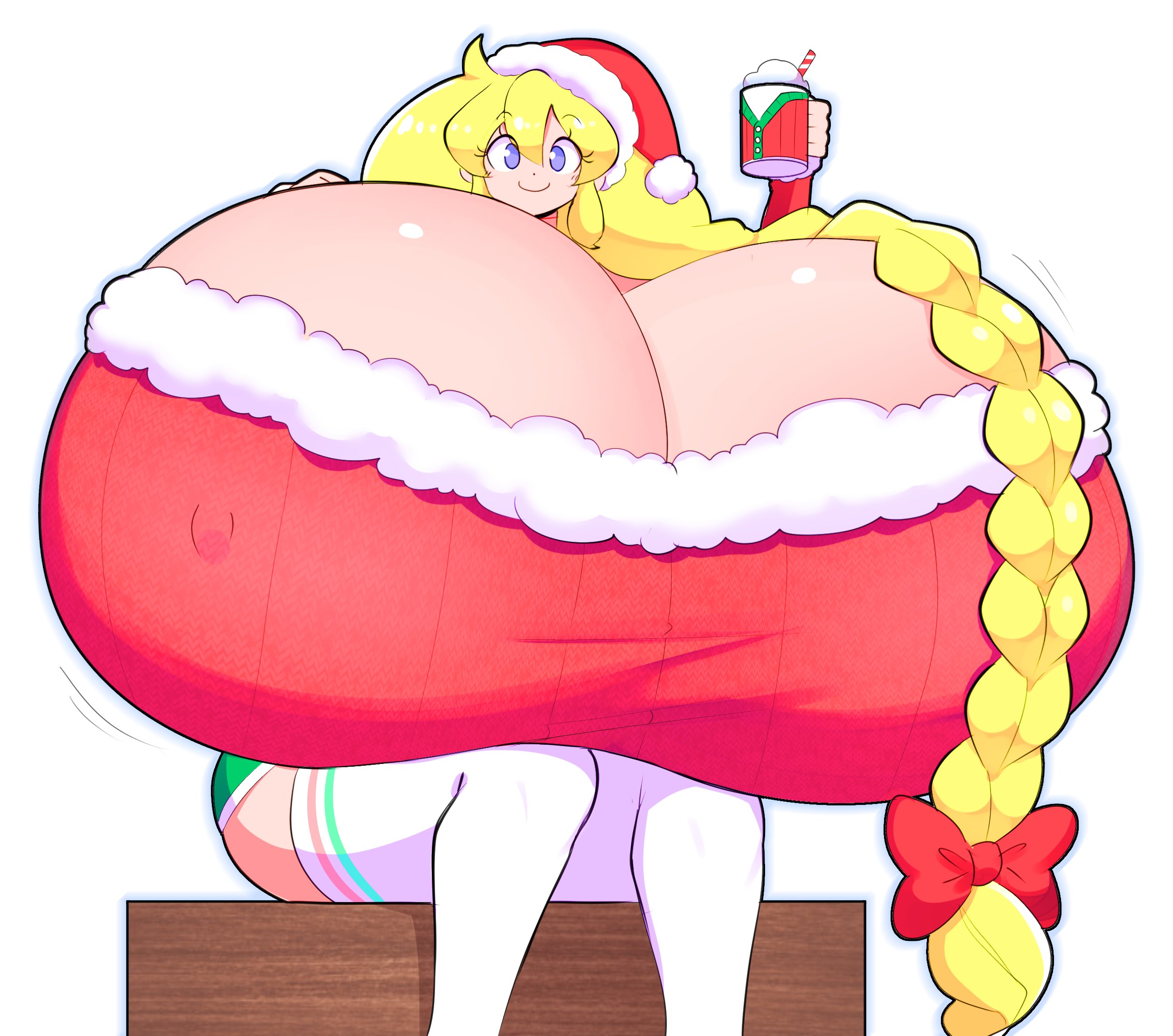 1girls, big breasts, blonde hair, breasts, cassie (theycallhimcake), christmas, cleavage, female, female focus, female only, giant breasts, gigantic breasts, huge breasts, hyper, hyper breasts, long hair, massive breasts, nipple bulge, nipples, smile, solo, theycallhimcake, top heavy