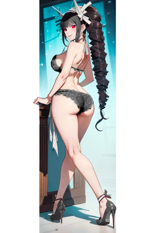 1girls ai_generated black_hair black_lingerie celestia_ludenberg danganronpa female female_only high_heels human red_eyes solo