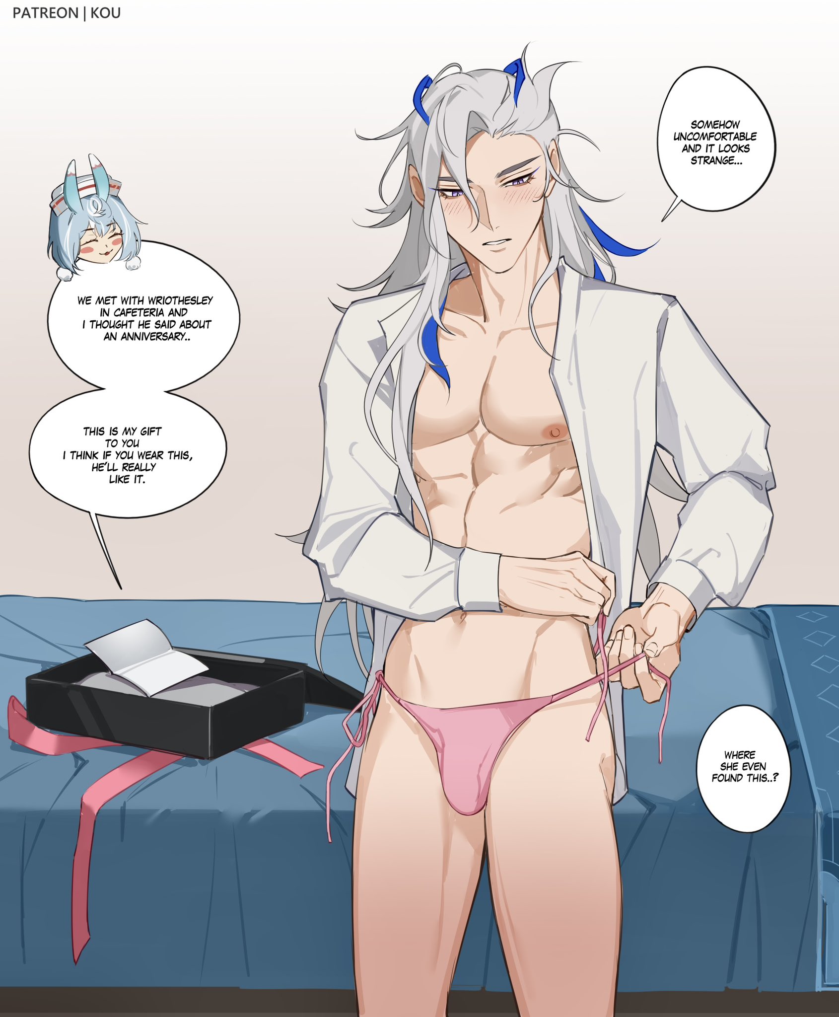 1boy, crossdressing, femboy, gay, genshin impact, half naked, half-dressed, male, male only, neuvillette (genshin impact), wriothesley (genshin impact), yaoi, yukaero4