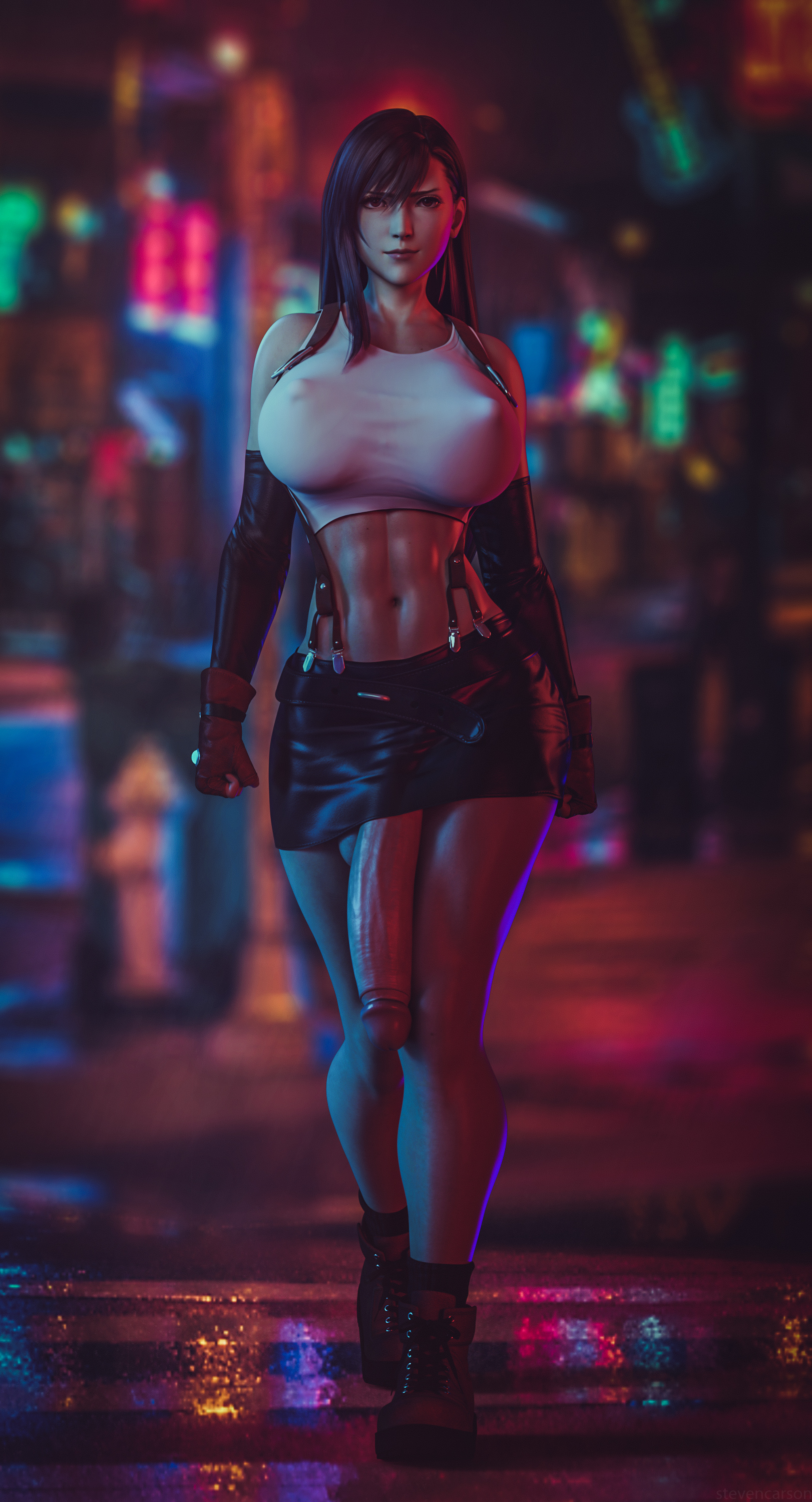 1futa, 3d, balls, balls under clothes, bottomless skirt, breasts, cameltail, casual exposure, casual nudity, curvy, dickgirl, dissidia, dissidia final fantasy, elbow gloves, erect nipples, final fantasy, final fantasy vii, flaccid, full body, futa only, futanari, hourglass figure, huge balls, huge breasts, huge nipples, huge penis, hyper, hyper penis, ineffective clothing, ineffective skirt, intersex, latex, leather, muscular, muscular futa, night, nipple bulge, nipples, penis, penis bulge, penis out, penis under clothes, penis under skirt, skirt, skirt lift, solo, solo futa, standing, stevencarson, tagme, testicles, thighhighs, tifa lockhart, tight clothing, walking, wide hips