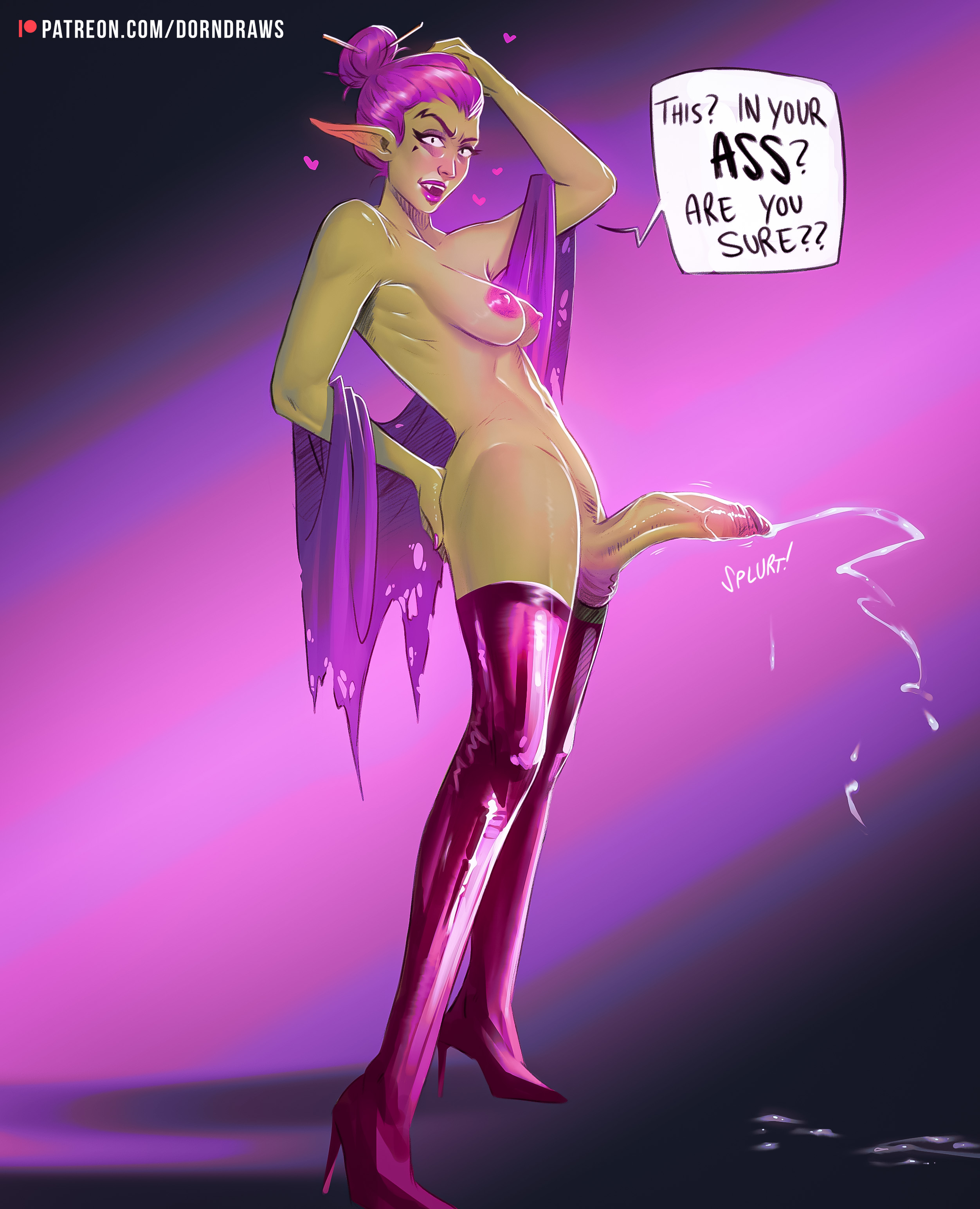 1futa, 2023, areolae, big breasts, big penis, breasts, cum, cum on floor, cum string, cumshot, dialogue, dorndraws, ejaculation, elf, elf ears, elf futa, english text, erection, futa only, futanari, green skin, hair bun, hands-free, handsfree ejaculation, high heel boots, humanoid, humanoid penis, intersex, looking at viewer, nipples, nude, nude futa, penis, pink hair, solo, speech bubble, standing, talking to viewer, thighhighs, tied hair, very high resolution