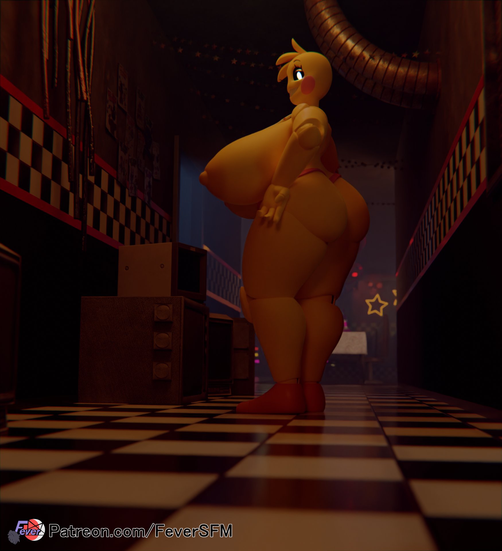 1girls, 3d, 3d (artwork), animatronic, ass, big ass, big breasts, big butt, breasts, female, female only, feversfm, five nights at freddy's, five nights at freddy's 2, huge breasts, large ass, large breasts, looking at viewer, looking back, nipples, solo, solo female, solo focus, thick thighs, thighs, toy chica (fnaf), toy chica (lewd hareboy), yellow body, yellow skin