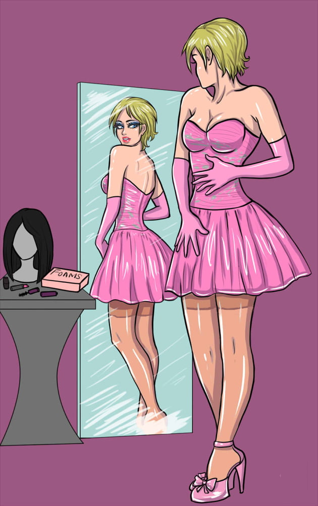 bimbo, bimbofication, black wings, blonde hair, breasts, crossdressing, eyebrows, eyelashes, fake breasts, female, feminization, foams, gloves, high heels, male, male to female, mtf transformation, pink dress, pink gloves, pink shoes, pumps, short dress, transformation