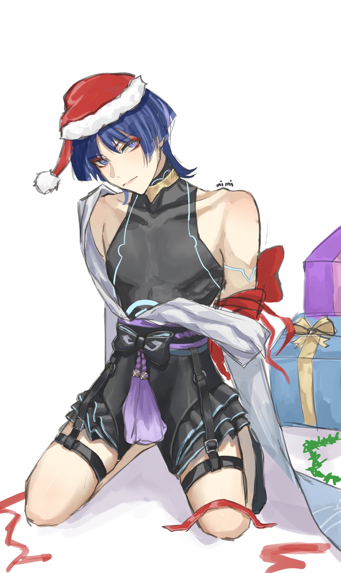 arms_behind_back christmas christmas_decorations christmas_hat christmas_headwear clothed genshin_impact gift_box gift_wrapped harness kneeling presents scaramouche_(genshin_impact) solo solo_focus solo_male tied_up wanderer