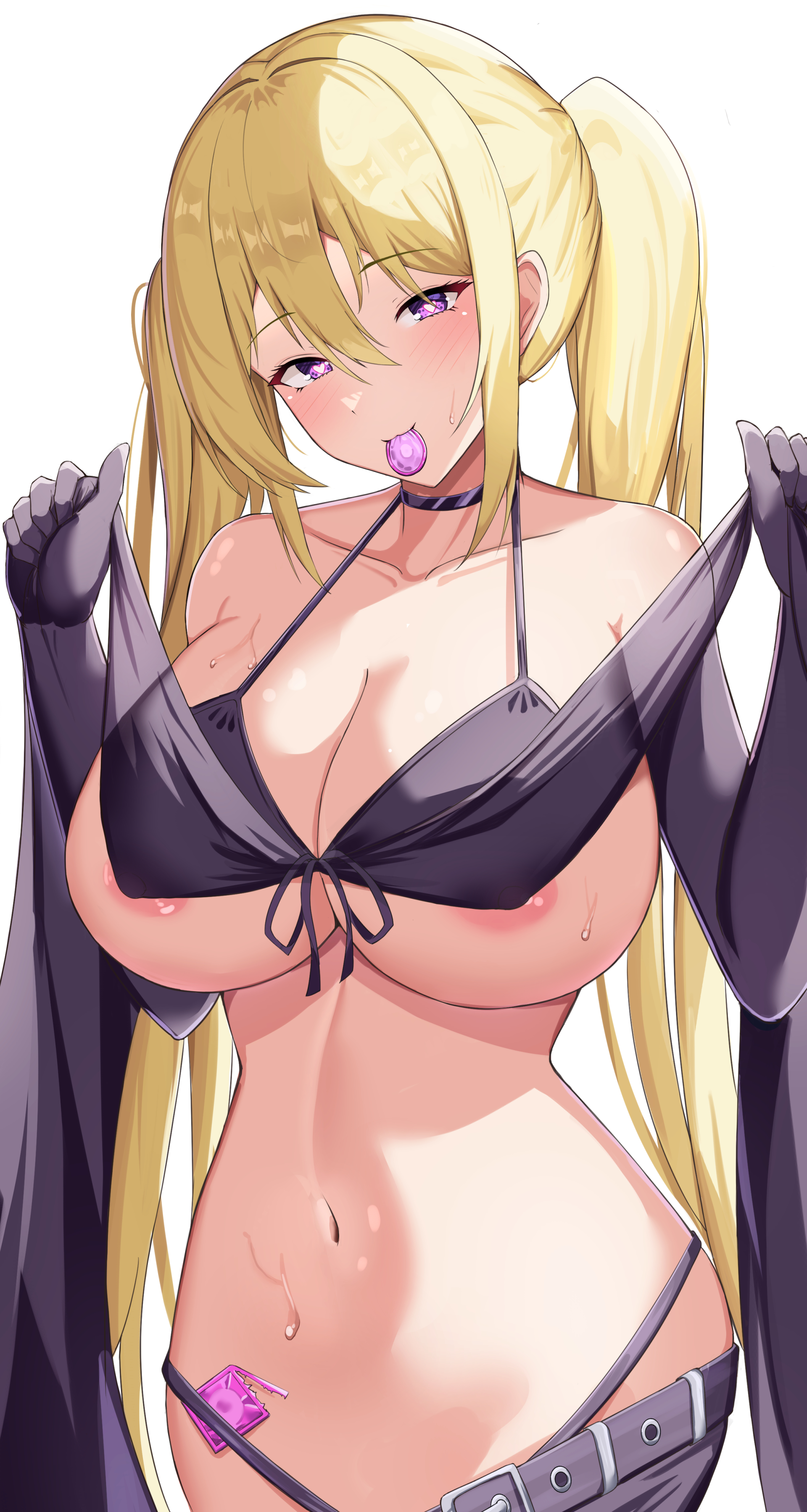 1girls, areolae, aroused, belly button, black gloves, blonde hair, blush, breasts, cleavage, condom, condom in mouth, female, female only, gloves, heart-shaped pupils, huge breasts, inviting, lieselotte sherlock, light skin, light-skinned female, looking at viewer, mitty (q1kmitty), opened condom wrapper, pink condom, purple eyes, seductive, simple background, solo, sweat, symbol-shaped pupils, teasing, trinity seven, twintails, undressing, white background
