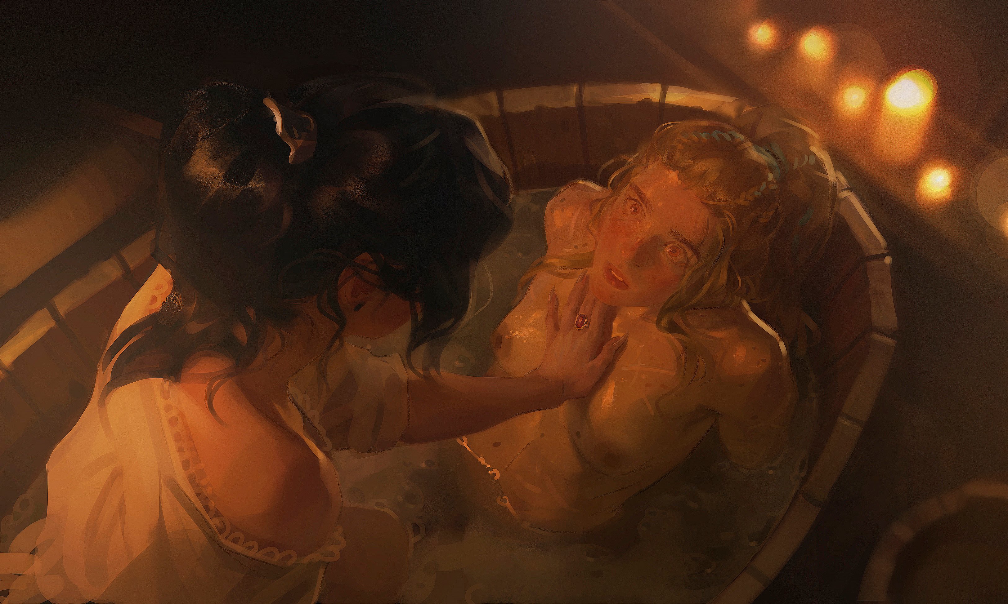 2d, 2girls, bath, bathing, black hair, blizzard entertainment, blurry background, blush, braid, breasts, brigitte, brown eyes, brown hair, candle, clothed female nude female, detailed, efferwescent, female, femdom, freckles, highres, jewelry, long hair, multiple females, multiple girls, nipples, nude, overwatch, painting (artwork), ponytail, ring, wet, wide eyed, widowmaker, yuri
