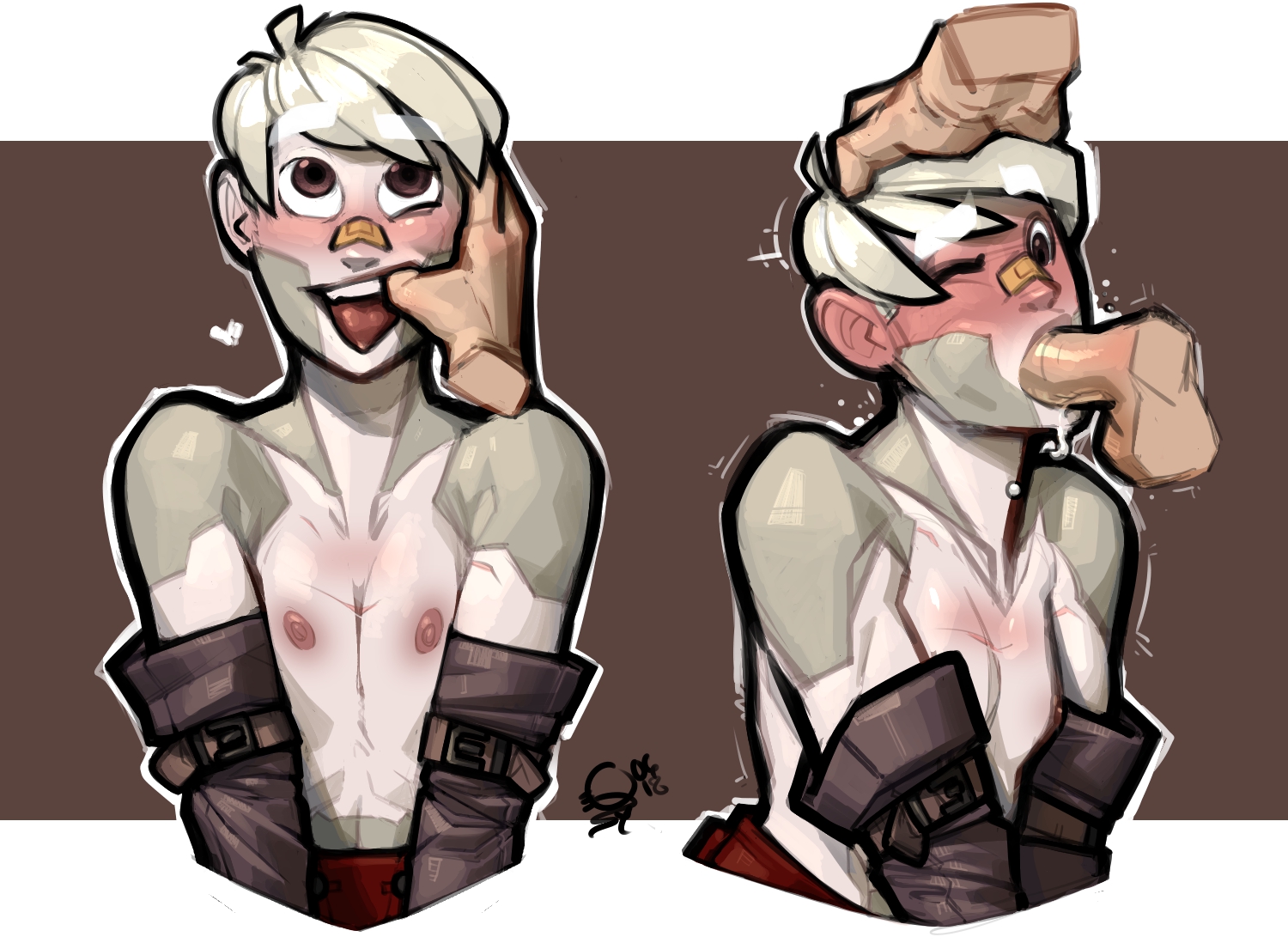1girls, bandage on nose, blowjob, breasts, croc (qsy), female, fingers in mouth, flat chest, oral, qsy, scar, scars, short hair, small breasts, spread mouth, straight, tagme, tomboy, warhammer (franchise), warhammer 40k, white hair