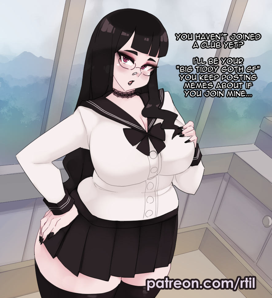 1girls black_hair black_lipstick breasts choker dialogue english_text female glasses goth goth_girl hand_on_own_hip hi_res huge_breasts looking_at_viewer nose_piercing nyx_rose_(rtil) original original_character painted_nails patreon_username plump red_eyes rtil school_uniform solo talking_to_viewer thick_thighs thighhighs