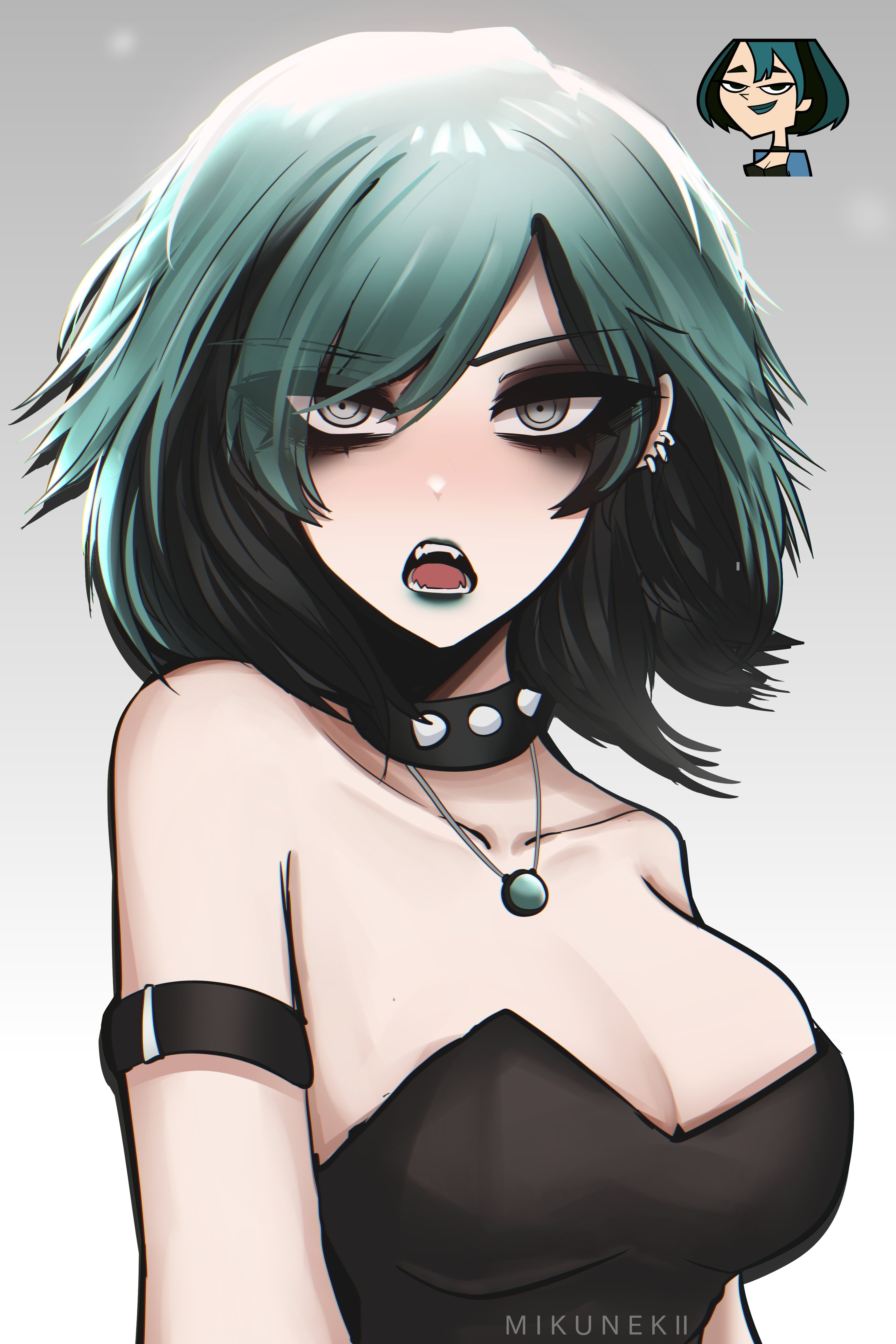 1girls, breasts, choker, fangs, female, goth, goth girl, gothic, gradient hair, gwen (tdi), large breasts, mikuneki, multicolored hair, open mouth, short hair, teal hair, teal lipstick, total drama island