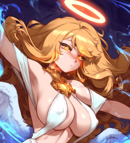 ai_generated almost_naked almost_nude angel_wings aureola big_breasts blonde_hair blush damaris_selene divine necklace orange_eyes towel_only