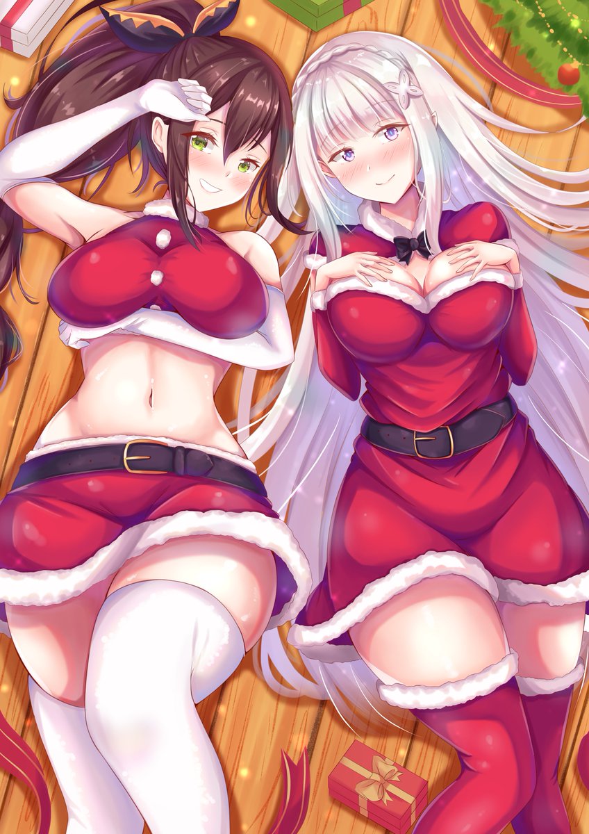 2girls ayannon_yumme bangs braid braided_hair breasts brown_hair christmas christmas_outfit elf emilia_(re:zero) green_eyes hair_ornament hairpin half_elf long_hair midriff multiple_girls ponytail purple_eyes re:zero_kara_hajimeru_isekai_seikatsu santa_dress shaula_(re:zero) silver_hair smile stockings thick_thighs thighs