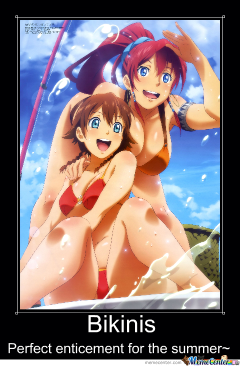 amy_(suisei_no_gargantia) aqua_eyes bellows_(suisei_no_gargantia) bikini bikini_bottom bikini_top blue_eyes brown_hair cleavage earrings hairclip hoop_earrings long_hair meme motivational_poster orange_bikini orange_bikini_bottom orange_bikini_top ponytail red_bikini red_bikini_bottom red_bikini_top red_hair red_hairclip red_ponytail short_hair suisei_no_gargantia text wave