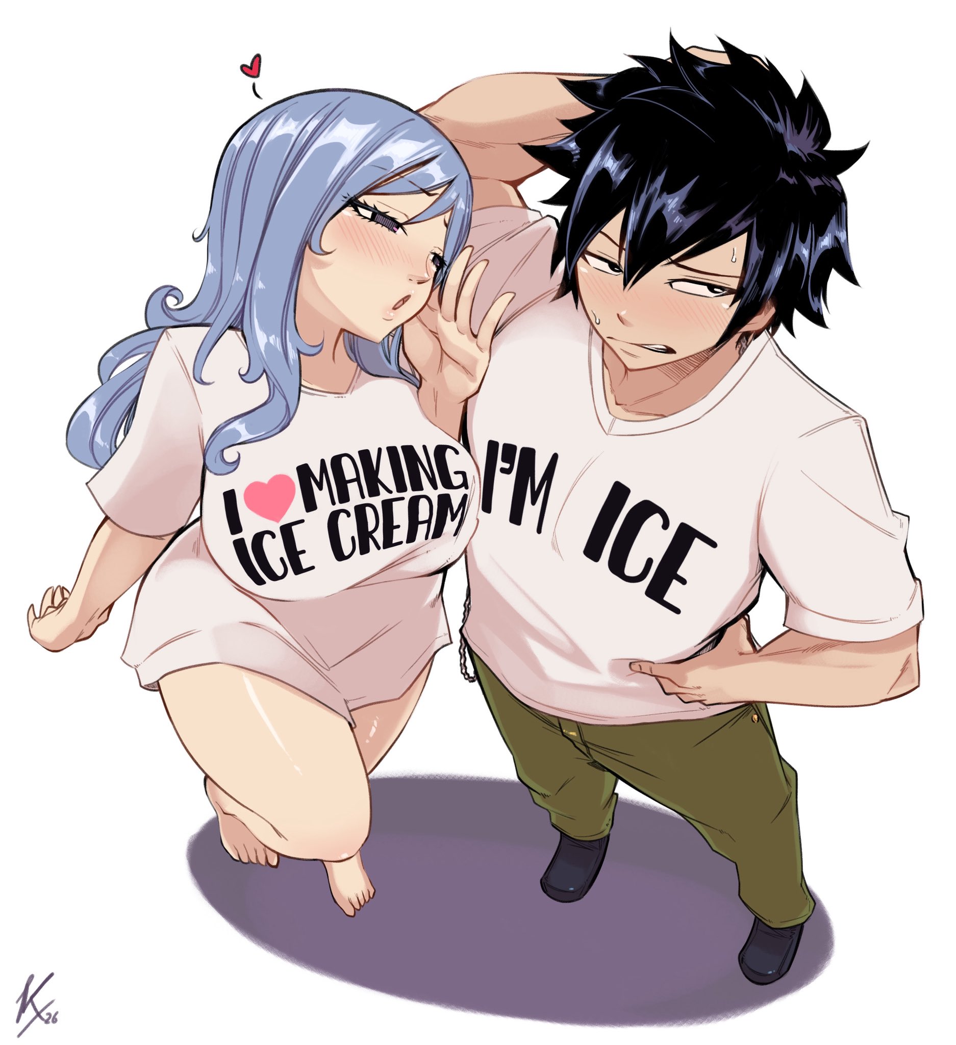 1boy, big breasts, black hair, blue hair, blush, blush lines, blushing, breasts, commentary, couple, english commentary, fairy tail, female, gray fullbuster, highres, joshdinobarney, juvia lockser, large breasts, long hair, looking at another, no pants, print shirt, shirt, short sleeves, sidelocks, spiked hair, t-shirt, teasing