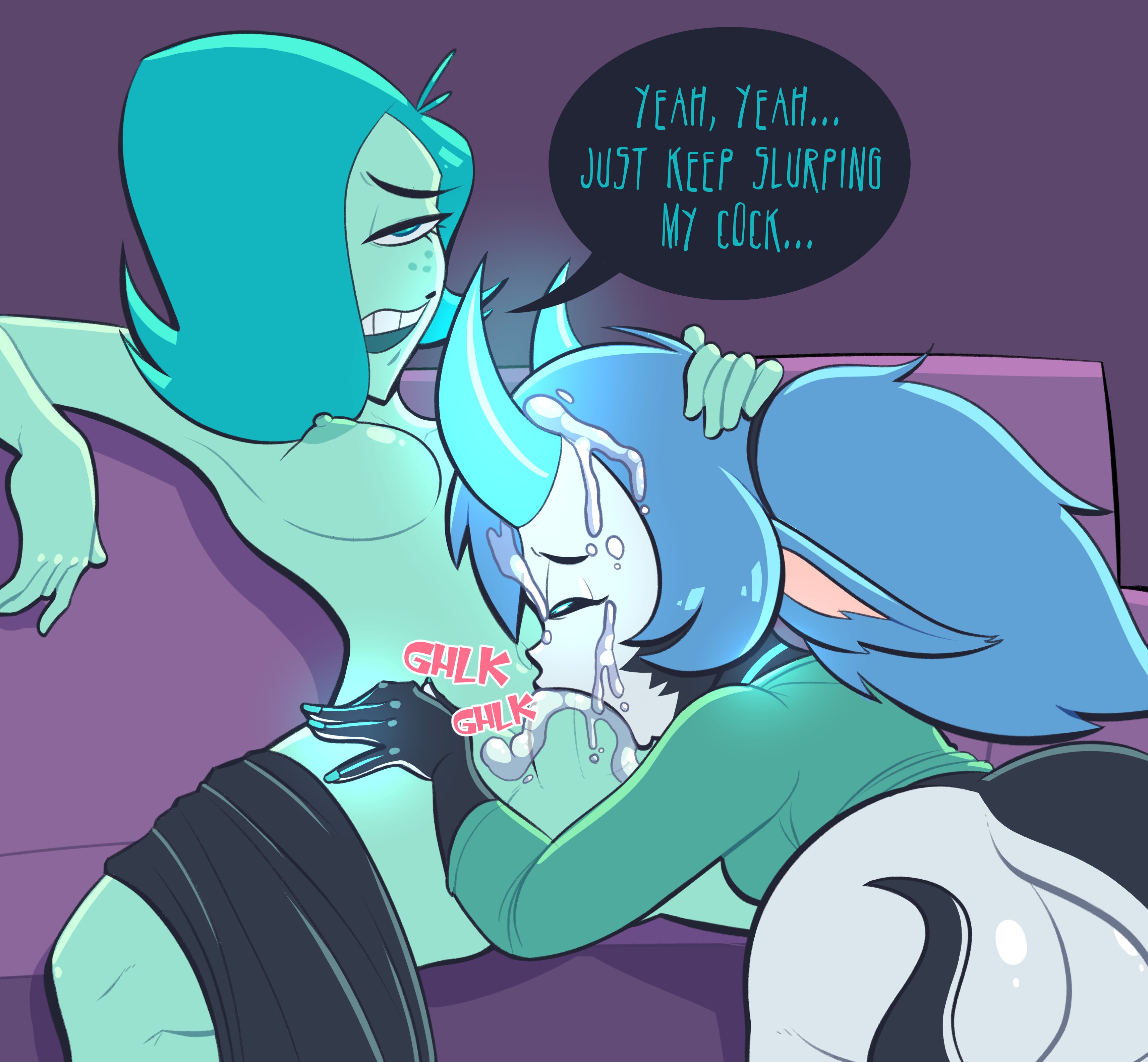 1futa, 1girls, 2021, amber (sariken), blowjob, blue hair, bottomless, breasts, commission, cum in hair, cum in mouth, cum in throat, cum on face, deepthroat, dialogue, dragon girl, english text, fellatio, female, futa on female, futanari, glowing horn, green hair, green skin, hair over one eye, hand on head, horn, intersex, nipples, nude, oral, penis, ponytail, sariya (sariken), sitting, speech bubble, steecks, text, topless, white skin