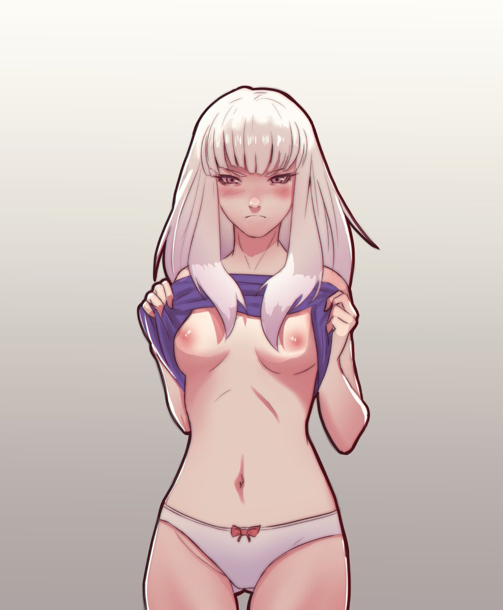 1girls, 2d, angry, blush, breasts, female, female only, fire emblem, fire emblem: three houses, flashing, gradient background, light skin, light-skinned female, long hair, looking at viewer, lysithea von ordelia, medium breasts, navel, nintendo, nipples, no bra, noblewoman, pale skin, pale-skinned female, panties, pink eyes, pink nipples, pomelomelon, presenting breasts, shirt lift, simple background, small breasts, solo, teenage female, teenager, unamused, undressing, white hair, white panties