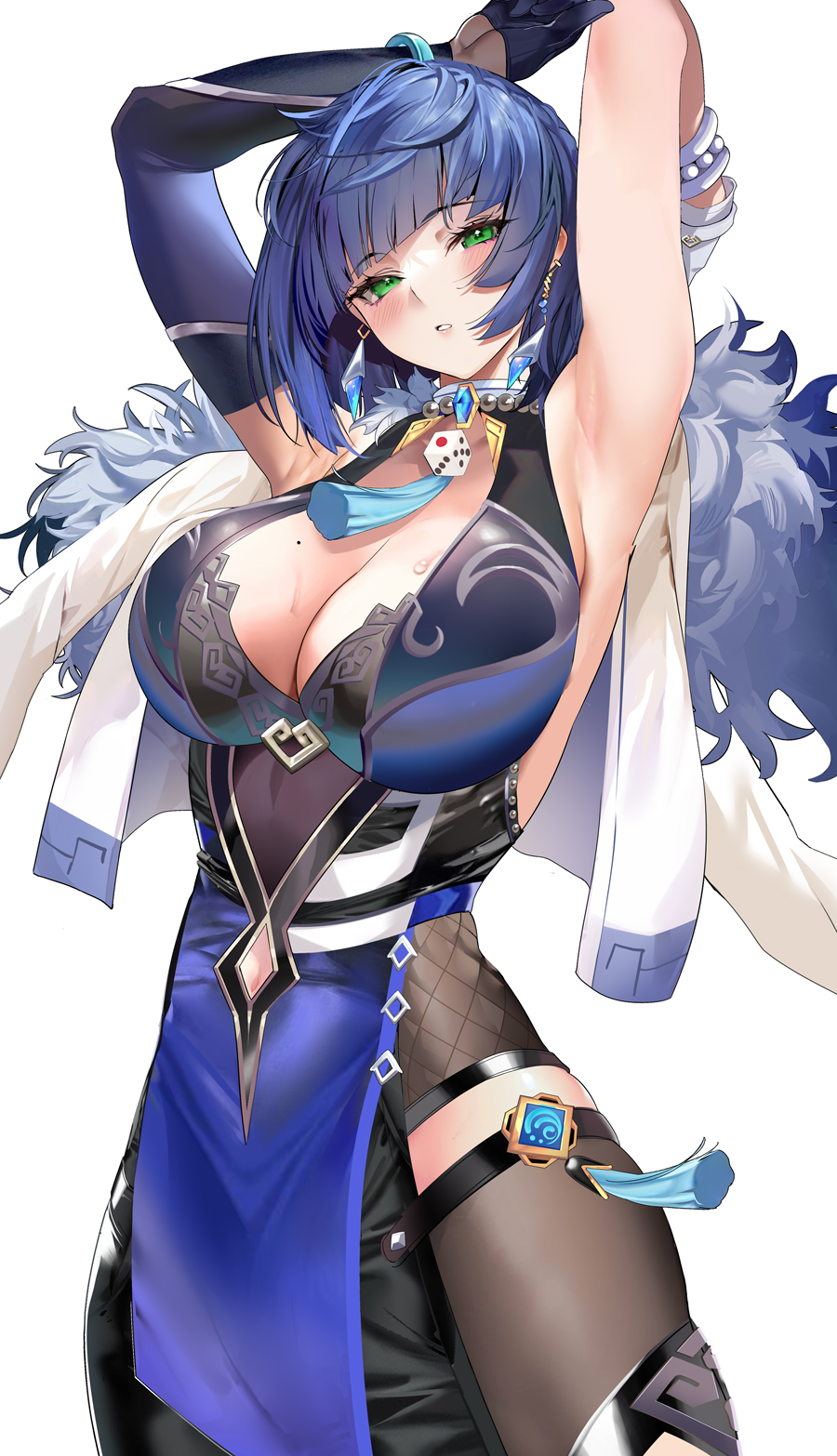 1girls armpits arms_up big_breasts blue_hair breasts cleavage dress female genshin_impact green_eyes hips large_breasts light-skinned_female light_skin marushin_(denwa0214) short_hair solo solo_female thick_thighs thighs wide_hips yelan_(genshin_impact)