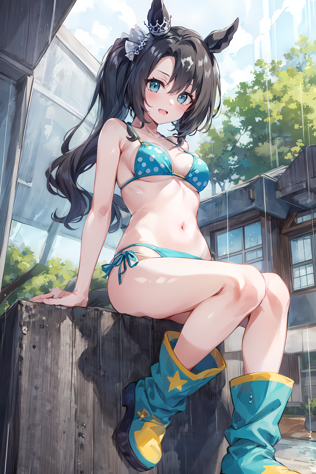 ai_generated animal_ears bikini black_hair female green_eyes hair_ornament horse_girl long_hair satono_crown_(umamusume) side_ponytail umamusume umamusume_pretty_derby