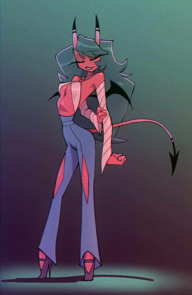 1girls bigdad black_hair breasts closed_eyes clothed clothing demon demon_horns demon_tail female female_focus female_only helluva_boss high_heels kiki_(helluva_boss) long_hair red_body solo solo_female succubus