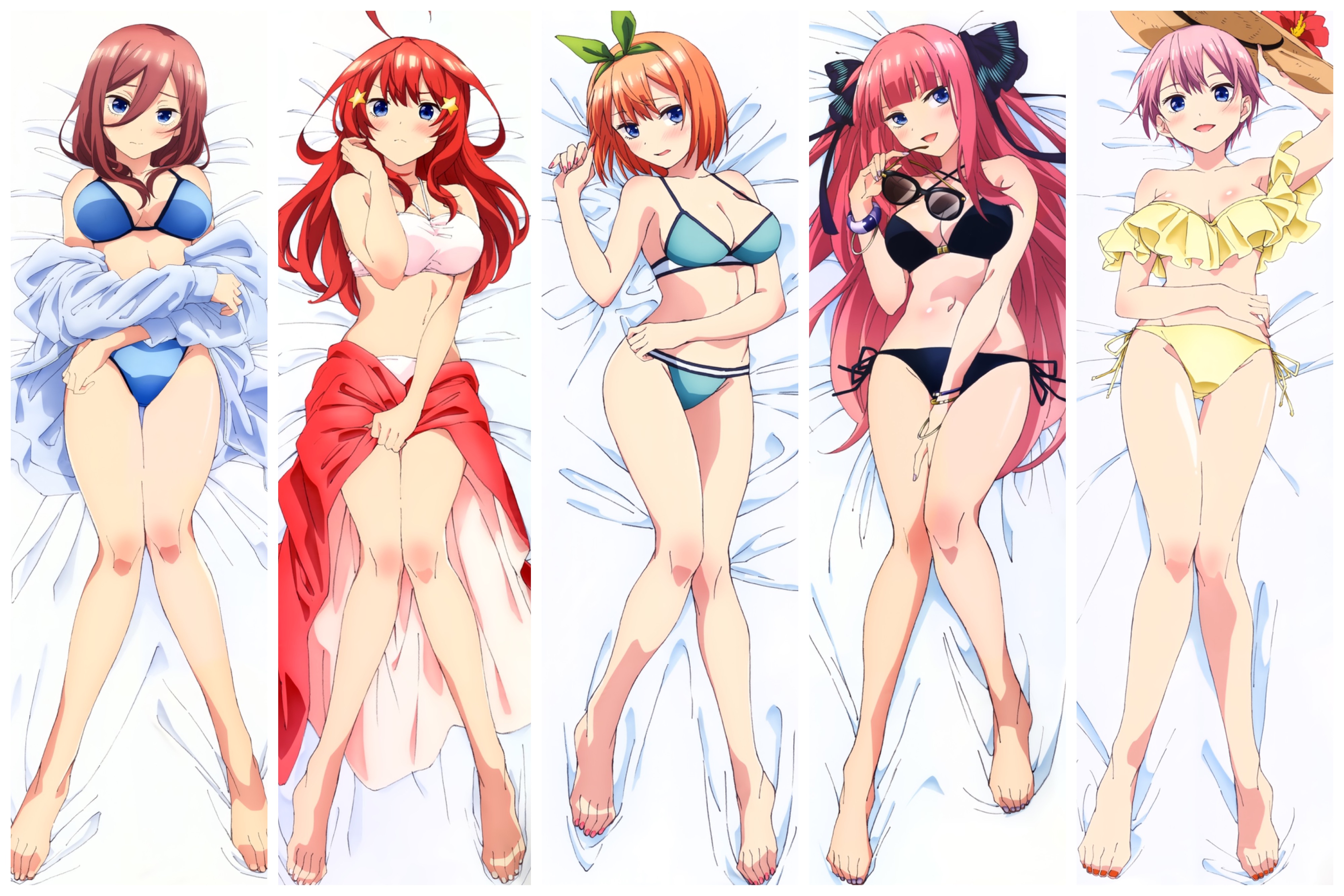 5girls, dakimakura, female, go-toubun no hanayome, multiple females, multiple girls, nakano ichika, nakano itsuki, nakano miku, nakano nino, nakano yotsuba, quintuplets, sisters, swimsuit