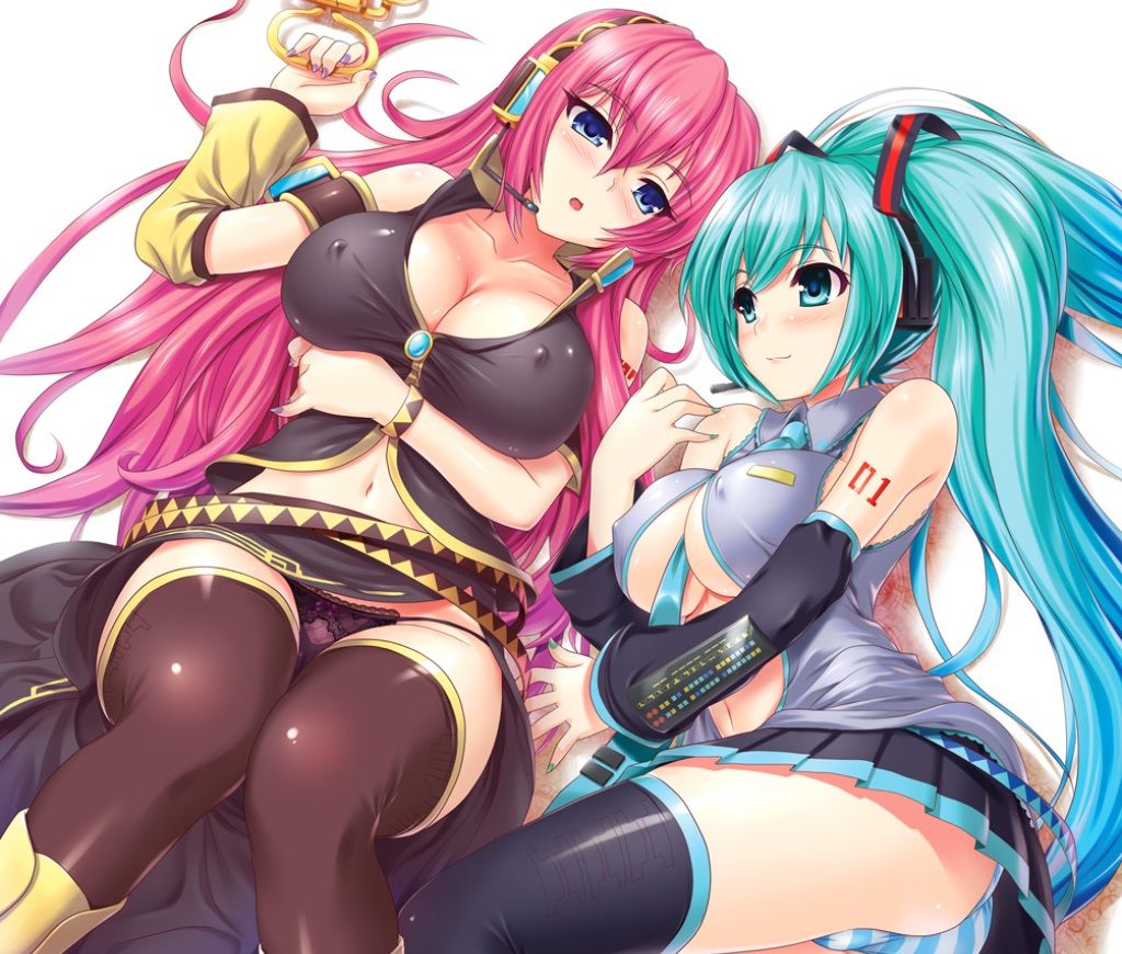 2girls, alternate breast size, aqua eyes, aqua hair, bare shoulders, belly button, big breasts, black legwear, blue eyes, blush, boots, breasts, cleavage, clothed, clothed breasts, covered nipples, cyan hair, detached sleeves, female, hatsune miku, headphones, headset, implied yuri, large breasts, laying down, light blue hair, light skin, long hair, lying, megurine luka, multiple girls, nail polish, navel, necktie, nipples through clothes, panties, pantyshot, pink hair, purple panties, skirt, smile, stockings, striped, striped panties, thick thighs, thighhighs, tie between breasts, tight clothing, twintails, underboob, underwear, very long hair, vocaloid, yuri