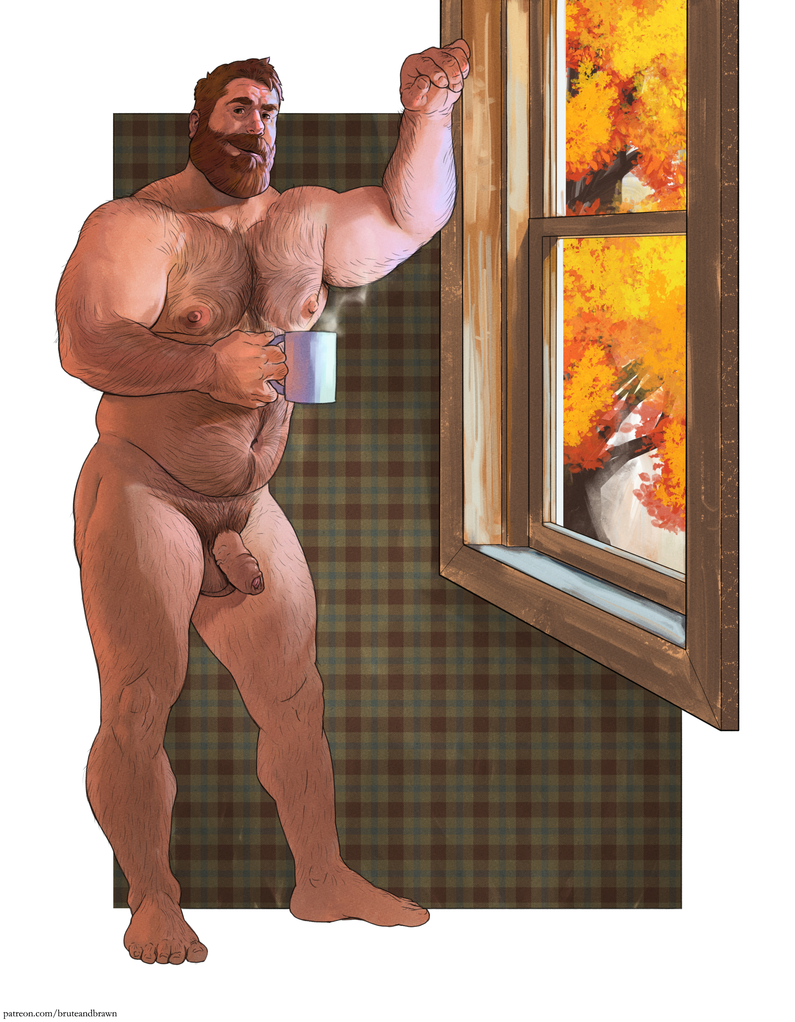 2023, balls, bara, beard, belly, bruteandbrawn, colored, facial hair, flaccid, gay, hairy, hairy armpits, hairy arms, hairy belly, hairy chest, hairy legs, hairy male, highres, looking at viewer, male, male only, muscles, muscular, muscular male, nipples, nude, nude male, nudity, patreon link, penis, pubic hair, solo, solo male, standing, white body, white skin, yaoi