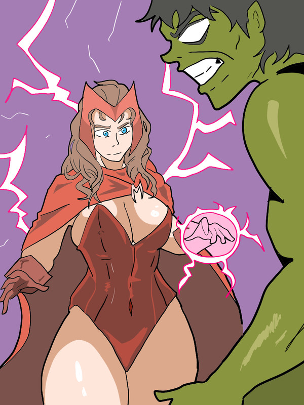 1boy 1girls avengers blue_eyes brown_hair cap female fighting_stance green-skinned_male green_skin heroine hulk hulk_(series) leather light-skinned_female light_skin magic male marvel marvel_comics mr.z mutant_(marvel) red_clothing red_leotard scarlet_witch straight superheroine wanda_maximoff x-men