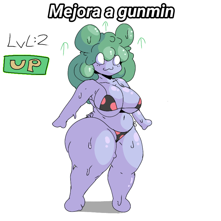 1girls :3 big_breasts blue_body evolution green_hair gunmin_(huesosdry) huesosdry level_up slime slime_girl smile spanish_text