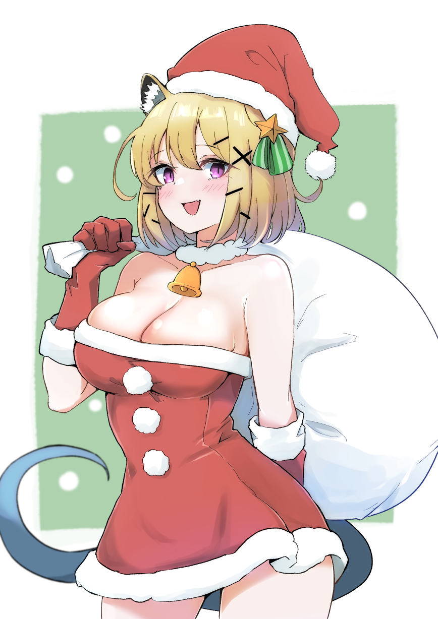 1girls animal_ear_fluff arknights bare_shoulders belt blonde_hair breasts christmas collarbone cowboy_shot cute_fang dress female fur-trimmed_dress fur-trimmed_gloves fur-trimmed_headwear fur_trim gloves hat hekaton highres holding holding_sack holidays looking_at_viewer open_mouth purple_eyes red_dress red_gloves red_headwear sack santa_costume santa_hat short_hair skin_fang smile solo tail utage_(arknights)