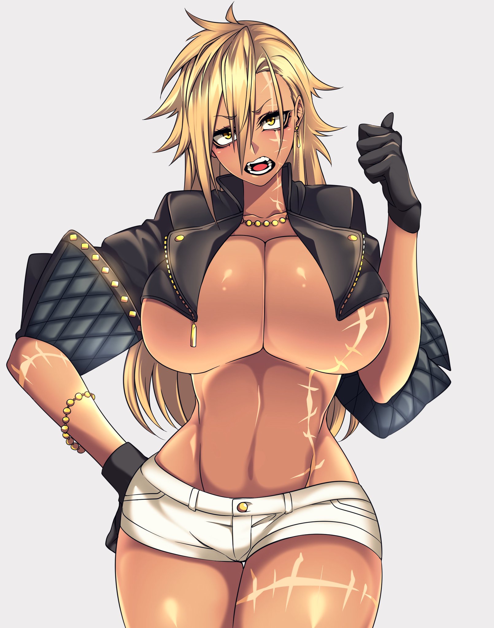 1girls, angry, angry face, bare midriff, big breasts, blonde hair, breasts, buff, camui kamui (hz 666v), cleavage, curvy, cute, female, female only, glistening, glistening body, glistening skin, gloves, gyaru, huge breasts, jacket, large breasts, long hair, muscular, muscular female, original, seductive, short shorts, tan skin, tan-skinned female, thick, thick thighs, thin, thin waist, vecky (camui kamui), white shorts