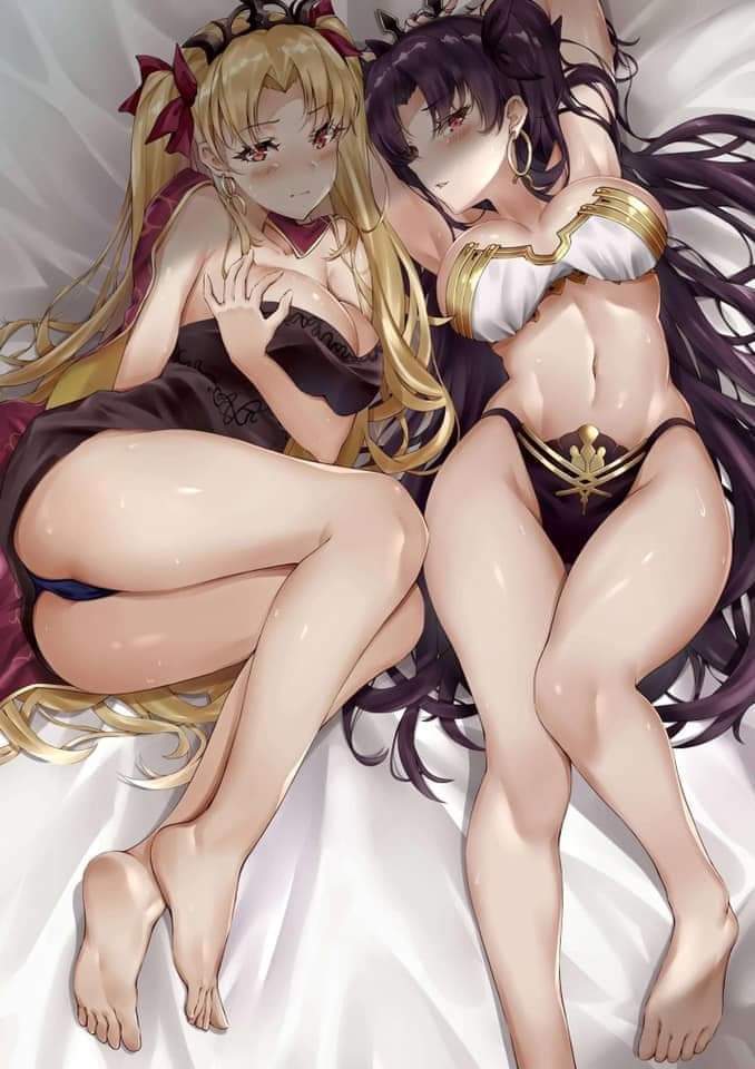 2girls, ass, bed, blonde hair, blush, breast grab, breasts, brown eyes, brown hair, crown, cute, dress, earrings, embarrassed, ereshkigal (fate), fate (series), feet, female, female only, ishtar (fate), large breasts, long hair, looking at viewer, medium breasts, multiple females, multiple girls, navel, panties, red eyes, ribbon, self fondle, soles, thick thighs