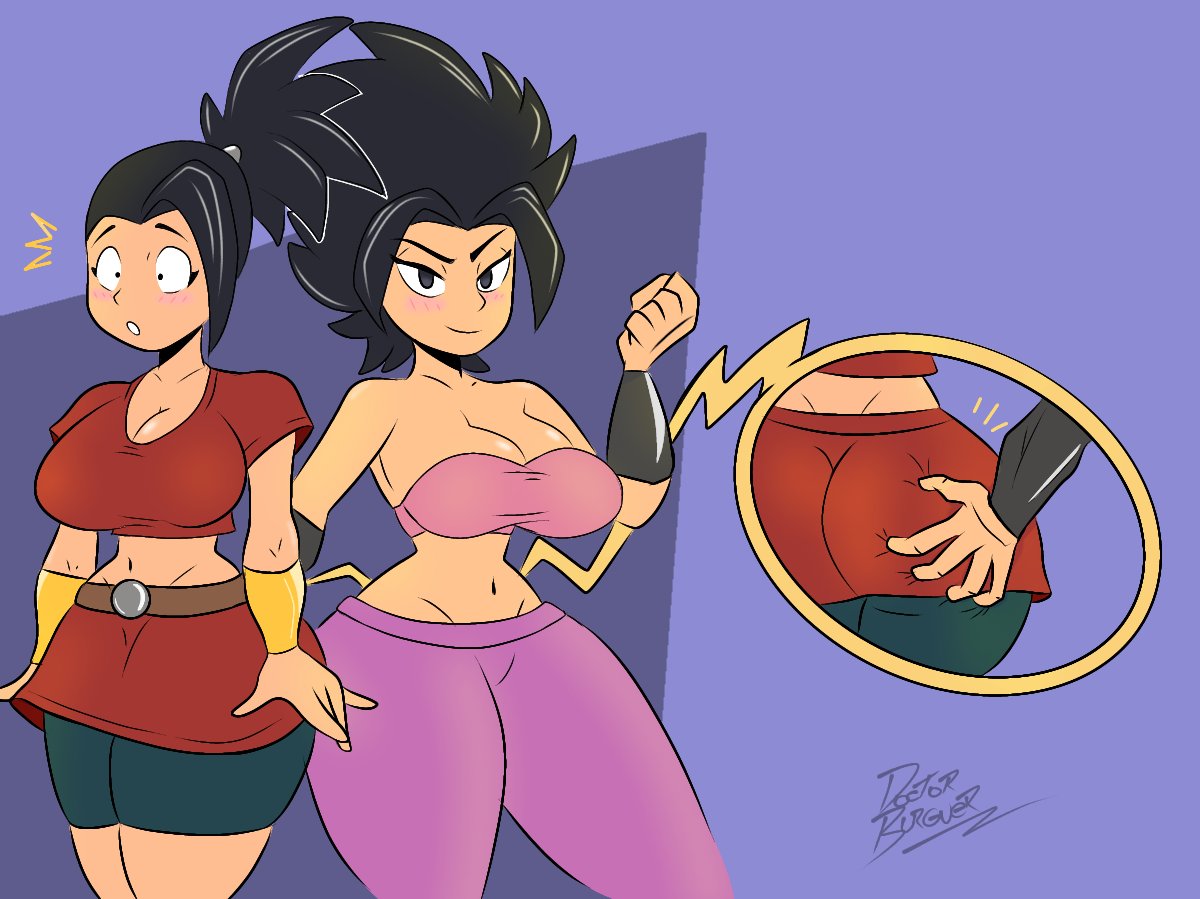 2girls, ass, ass grab, big breasts, black hair, breasts, caulifla, doctorbuguer, dragon ball, dragon ball super, female, female only, grabbing, kale, multiple girls, purple background, saiyan, surprise, surprised