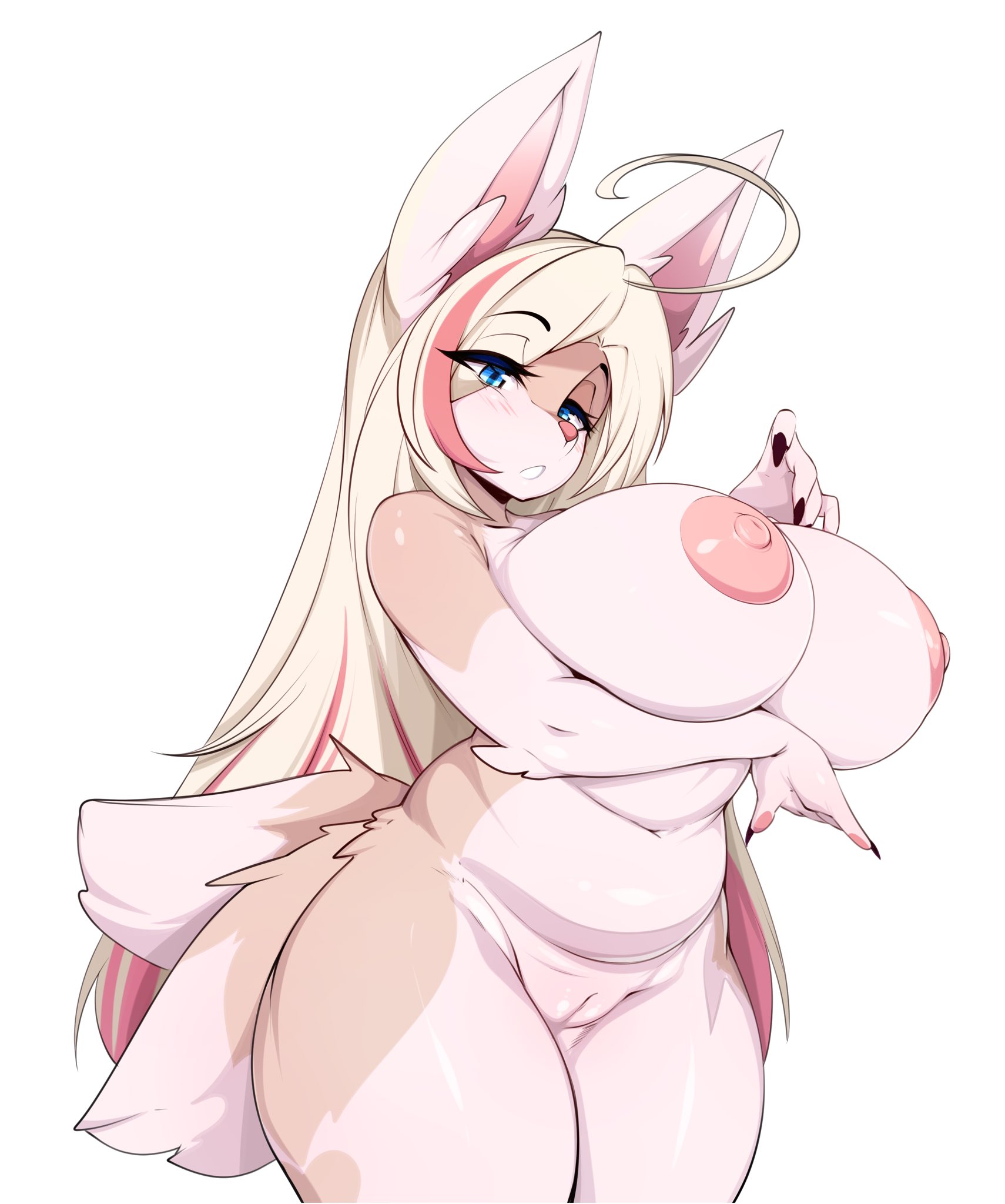 ahoge, animal nose, blue eyes, breasts, claws, commentary, completely nude, english commentary, eyebrows visible through hair, eyes visible through hair, female, fur, furry, higher resolution available, highres, huge breasts, long hair, multicolored hair, navel, nipples, nude, original, pussy, red hair, simple background, slugbox, snout, solo, tail, two-tone hair, white background
