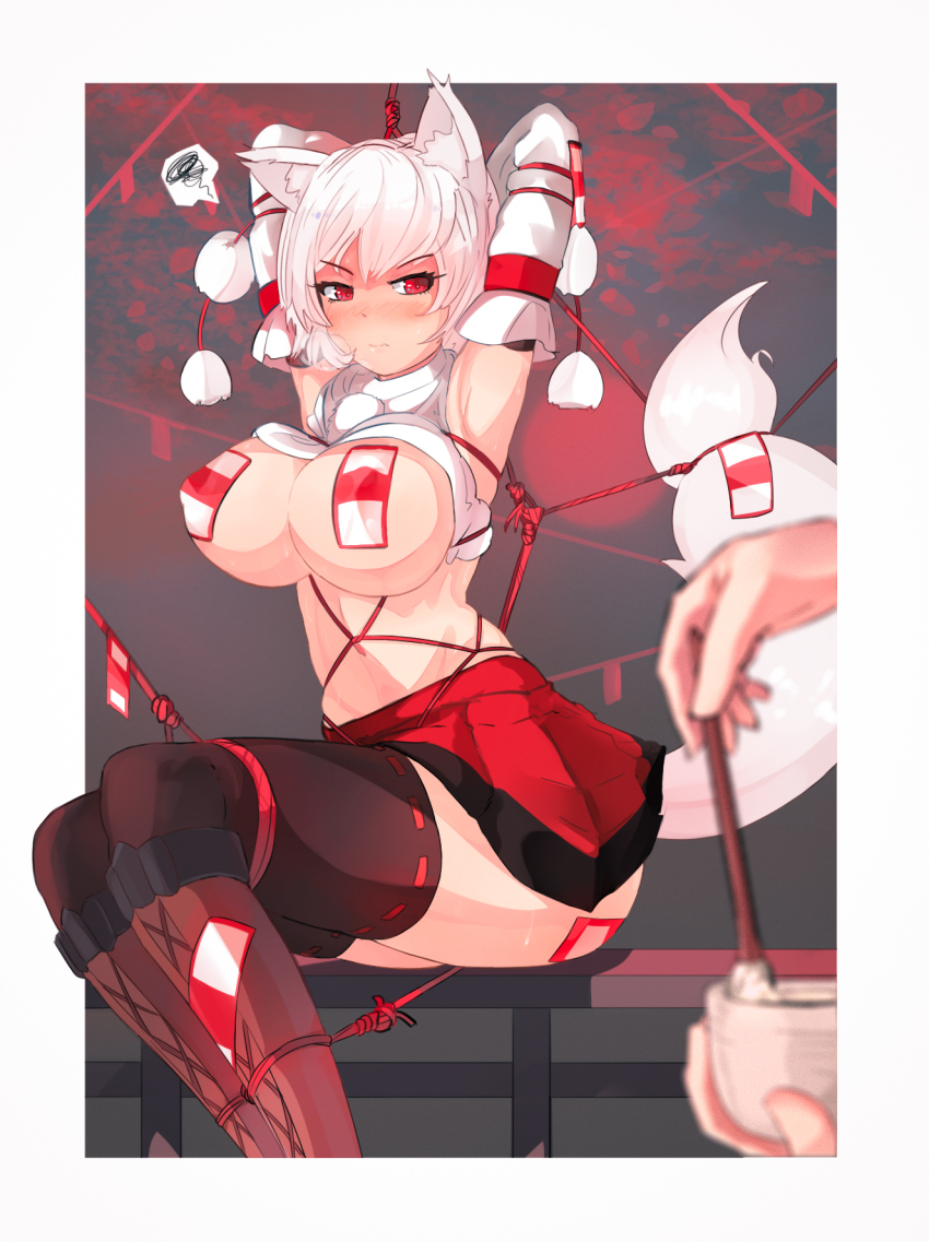 animal ears, arms behind head, blush, bondage, ehrrr, female, momiji inubashiri, pokies, red eyes, tagme, tail, thighhighs, touhou, white hair, wolf ears, wolf girl, wolf tail