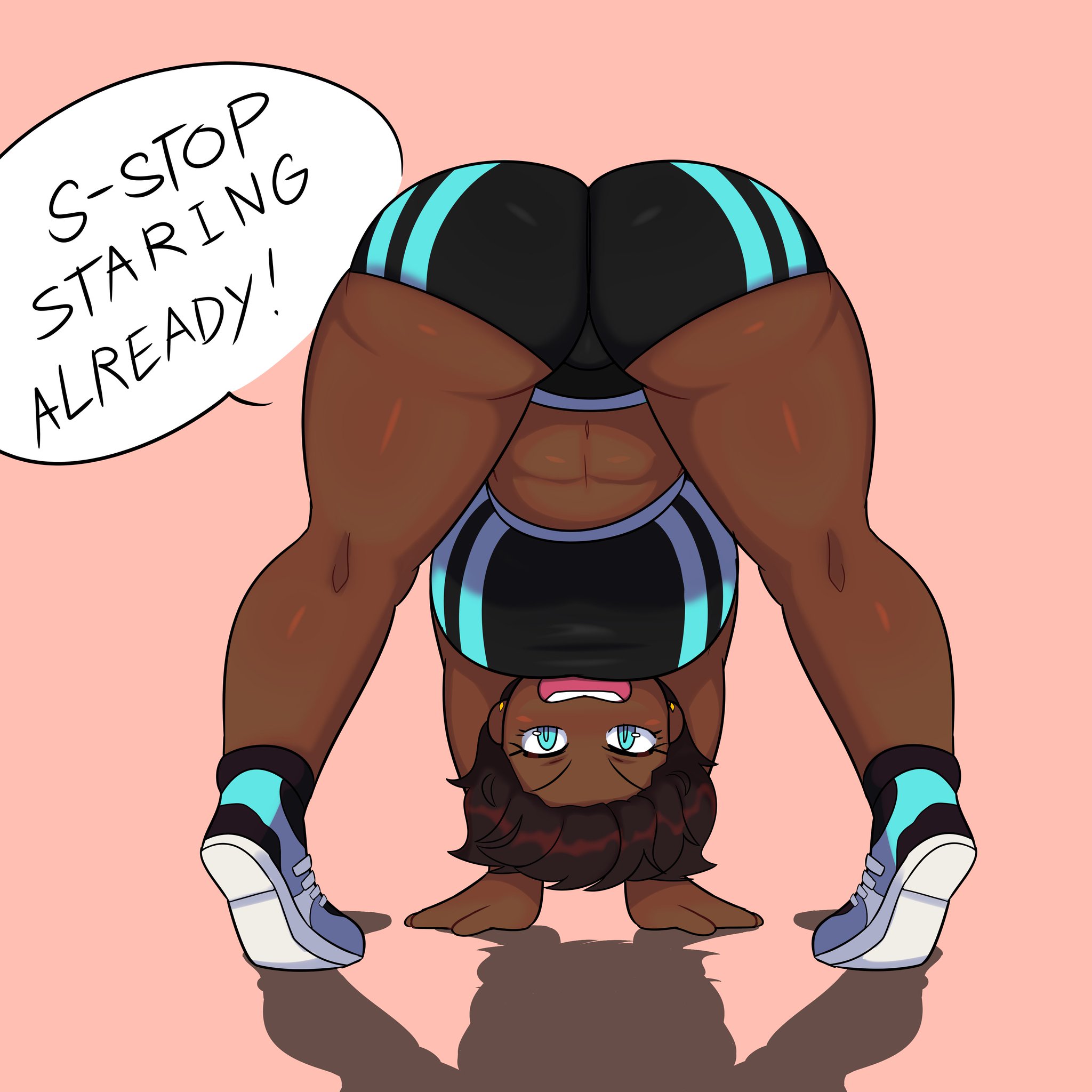1girls, angry, ass, big ass, blue eyes, breasts, brown hair, dark skin, dark-skinned female, exercise, female, female focus, female only, from behind, human, kyoko (retrogear), looking at viewer, moxxypoxxy, piercing, shoes, simple background, solo, solo focus, sports bra, sportswear, stretching, sugarkitty19, text, thick, thick thighs, tsundere, voluptuous
