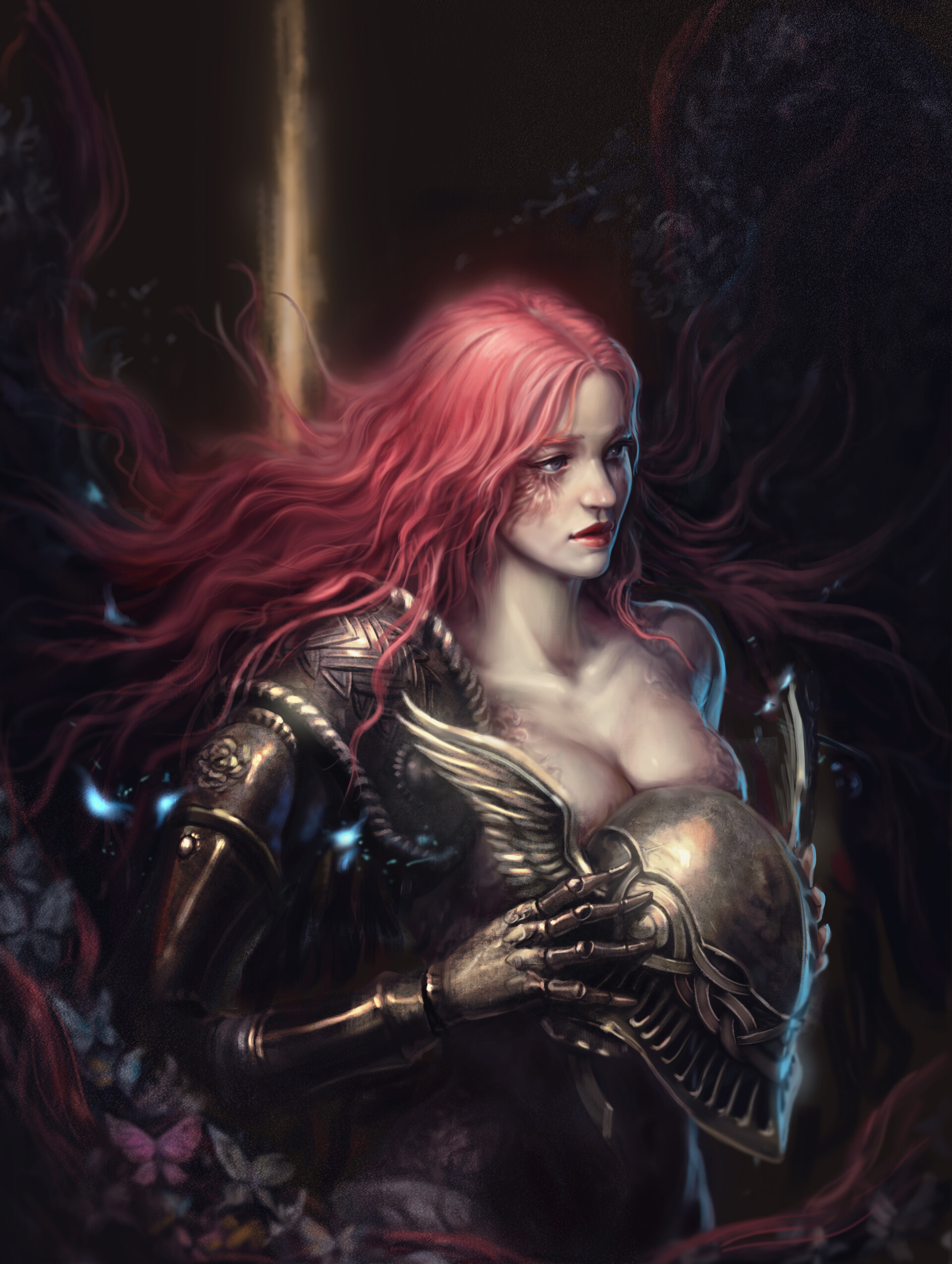 1girls, big breasts, breasts, casual nudity, cleavage, covering breasts, covering nipples, detailed, elden ring, female, female only, fromsoftware, malenia blade of miquella, misty1538, nude, nude female, painting (artwork), prosthetic, red hair, solo, solo female
