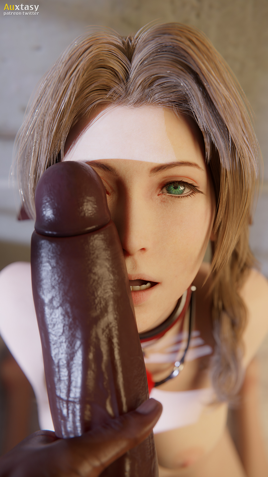 1boy, 1girls, 3d, aerith gainsborough, asian, auxtasy, barret wallace, big penis, blender, blowjob, braided hair, braided ponytail, brown hair, collar, dark skin, dark-skinned male, female, final fantasy, final fantasy vii, final fantasy vii remake, green eyes, imminent deepthroat, imminent oral, interracial, looking at viewer, male, oral, penis, penis on face, petite, seductive eyes, seductive mouth, submissive female, teenager