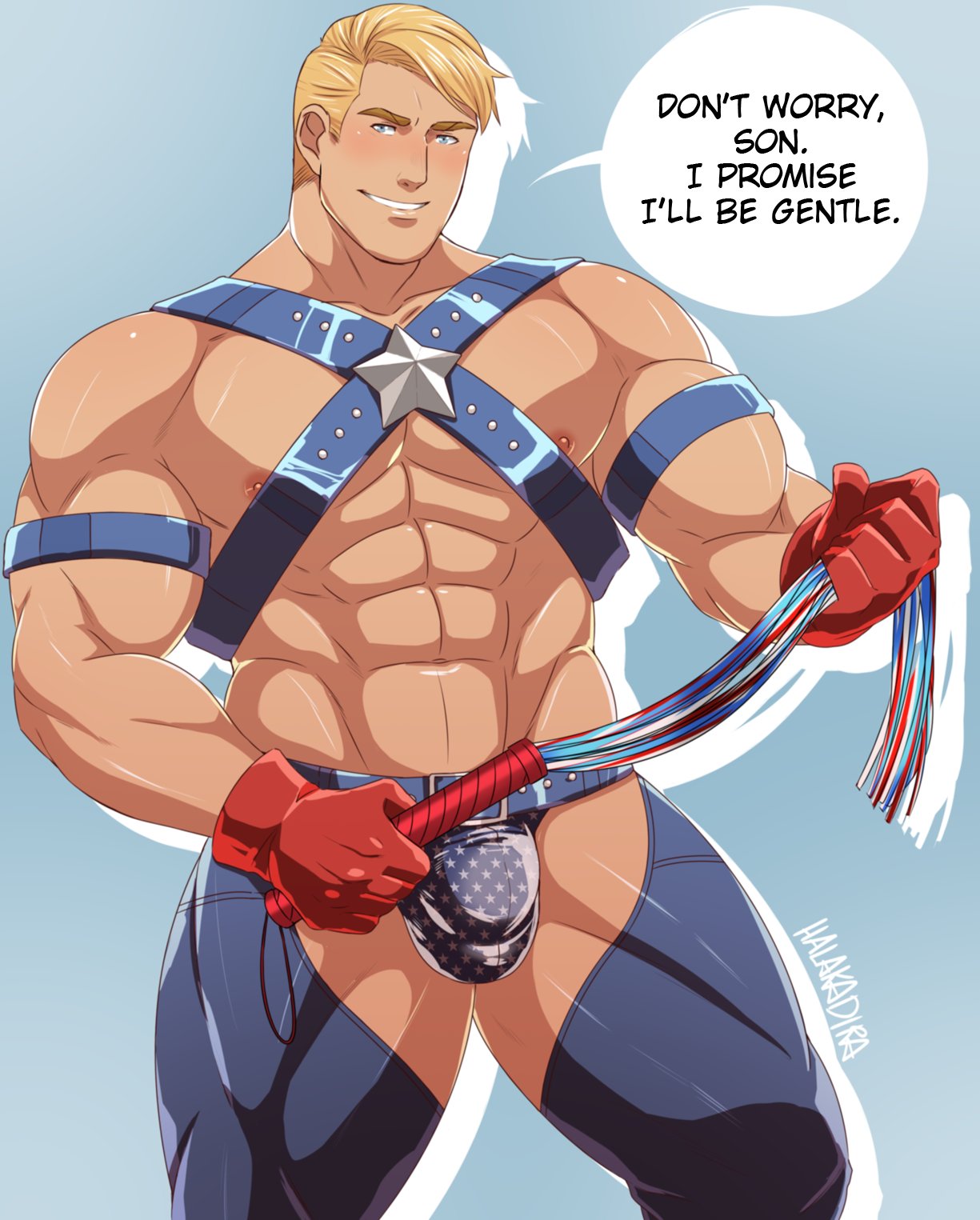 1boy, 2020, abs, bara, bdsm gear, blush, bulge, captain america, captain america (series), chaps, commission, erect nipples, exposed nipples, gay, halakadira, harness, human, human only, jockstrap, light skin, light-skinned male, looking at viewer, male, male only, marvel, marvel comics, muscular, muscular male, nipples, partially clothed, pecs, solo, solo male, speech bubble, steve rogers, superhero, talking to viewer, underwear, whip, yaoi
