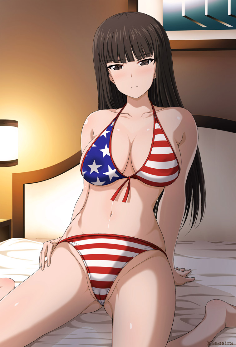 1girls american_flag american_flag_bikini bikini blush breasts brown_eyes brown_hair cleavage girls_und_panzer inoshira long_hair midriff milf navel nishizumi_shiho on_bed very_long_hair watermark