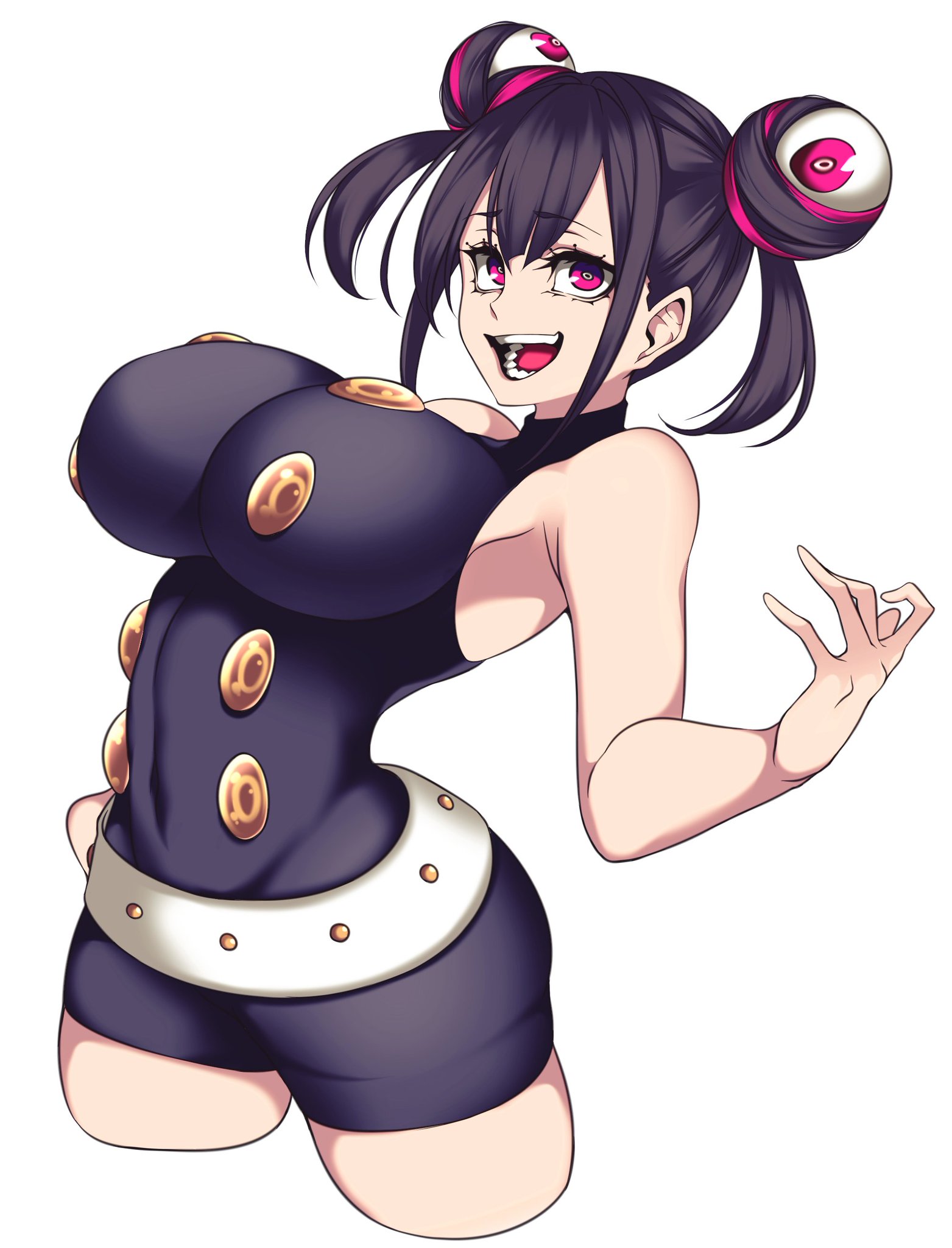 1girls, big breasts, black hair, breasts, camui kamui (hz 666v), cute, double bun, female, huge breasts, light skin, light-skinned female, mao (camui kamui), open mouth, original, thin, thin waist, twintails, white background