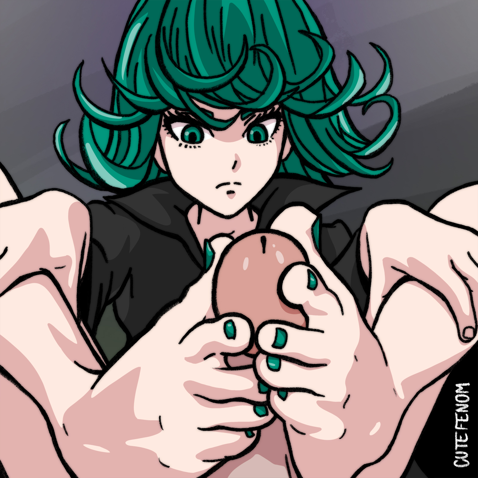 1girls, barefoot, curly hair, cutefenom, female, foot fetish, footjob, green eyes, green hair, green toenails, hands on legs, male, one-punch man, penis, short hair, tatsumaki, toenail polish