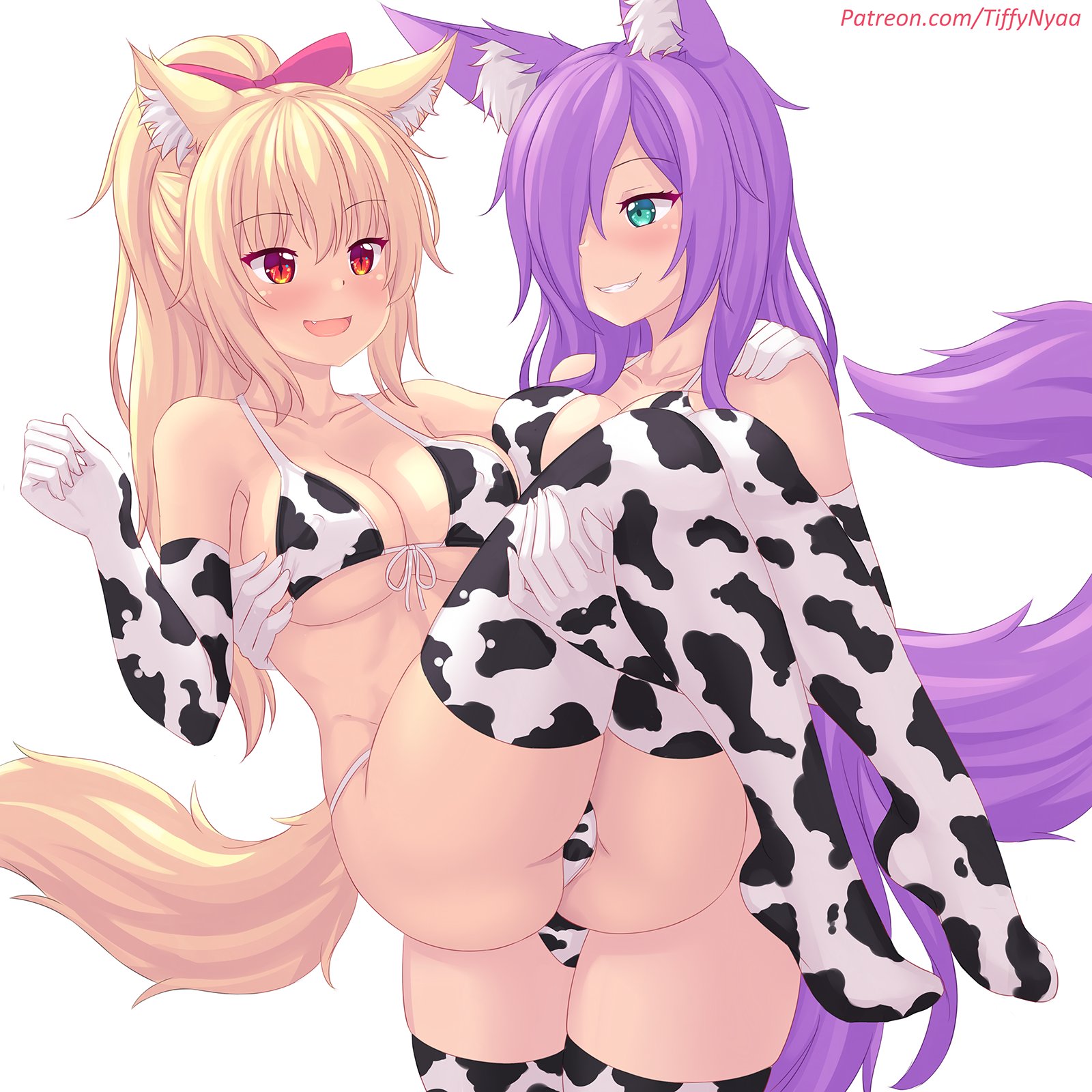 2girls, animal ears, animal tail, ass, bikini, blonde hair, blue eyes, blush, breasts, cameltoe, carrying, cat ears, cat girl, cat tail, catgirl, cow print, cow print armwear, cow print thighhighs, dirtykuro, elbow gloves, female, female only, fox ears, fox girl, fox tail, gloves, kemonomimi, kuro (foxykuro), large breasts, nekomimi, original character, ponytail, purple hair, pussy, red eyes, swimsuit, tagme, tail, thick thighs, thighhighs, tiffy, tiffynyaa, white background