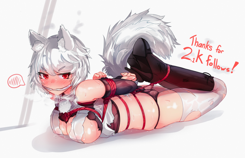 1girls, angry, animal ears, arms behind back, ass, big breasts, black panties, blush, bondage, breast press, breasts, ehrrr, embarrassed, female, female only, gag, heavy breathing, hogtie, knee boots, momiji inubashiri, mouth gag, no pants, on stomach, panties, red eyes, rope bondage, shibari, shibari over clothes, sideboob, sweat, tagme, tail, thighhighs, torn clothes, touhou, white hair, wolf ears, wolf girl, wolf tail