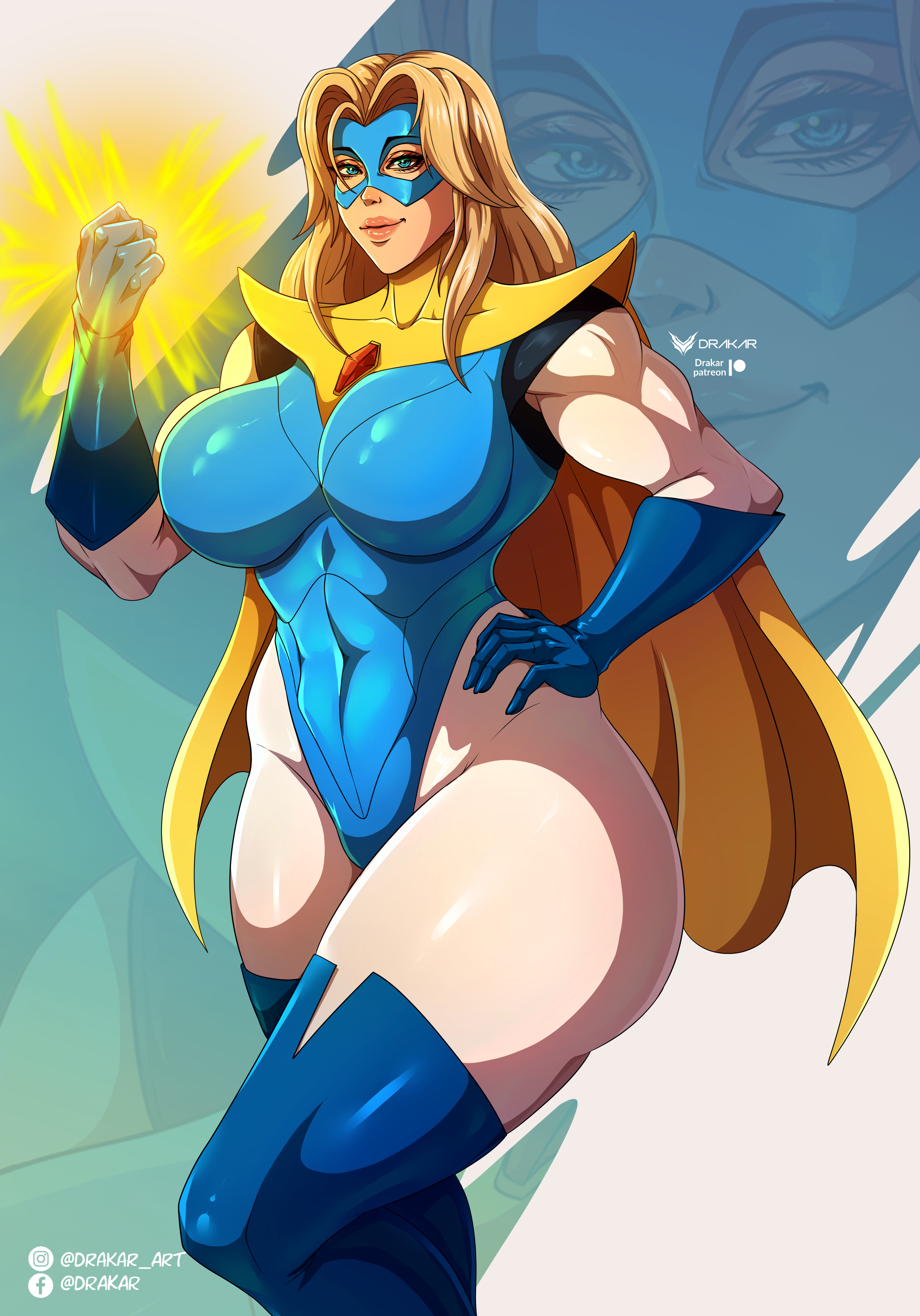 1girls, 2025, absurd res, big breasts, big thighs, blonde blazer, blonde hair, blue eyes, bodysuit, cape, child bearing hips, curvaceous, curvaceous body, curvaceous female, curvaceous figure, curvaceous hips, curvaceous thighs, dispatch (game), drakar, eye mask, female, female only, hand on hip, long hair, looking at viewer, muscular, muscular female, smiling, smiling at viewer, solo, superheroine, thick thighs, waifu