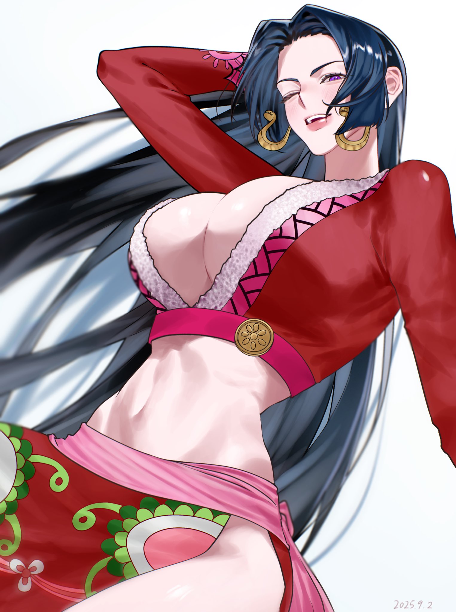 1girls, arm up, black hair, black-haired female, boa hancock, breasts, cleavage, crop top, earrings, female, female only, highres, jewelry, large breasts, long hair, navel, one eye closed, one piece, open mouth, purple eyes, simple background, siokosho kinoko, snake earrings, solo, teeth, upper teeth only, white background